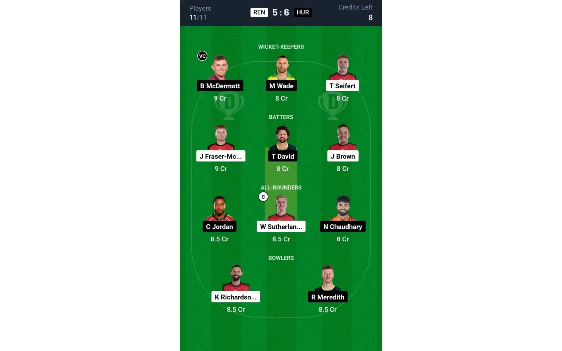 REN vs HUR, 5th Match: Dream11 Team 2 [Source: @Dream11 App]