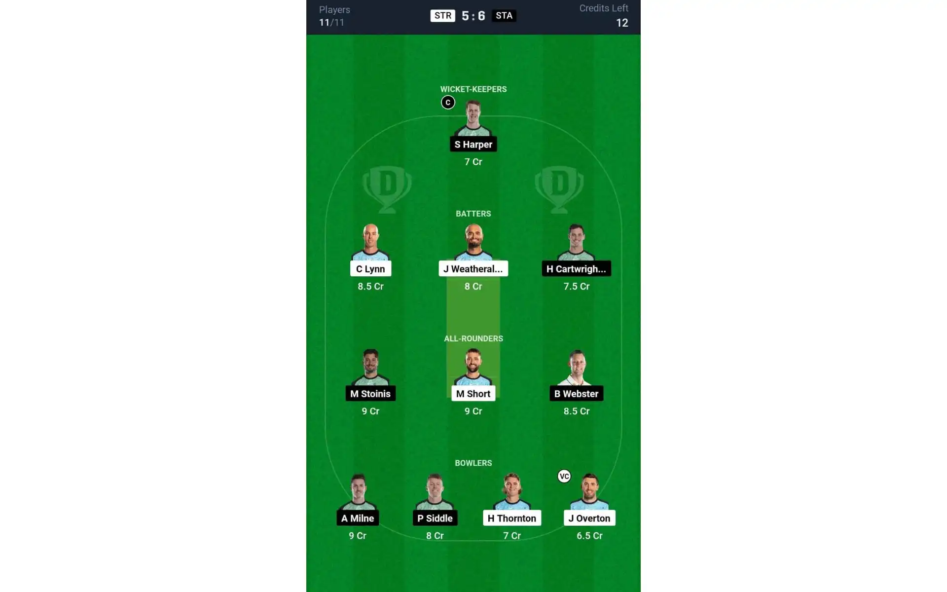 STR vs STA, 6th Match: Dream11 Team 1 [Source: @Dream11 App]