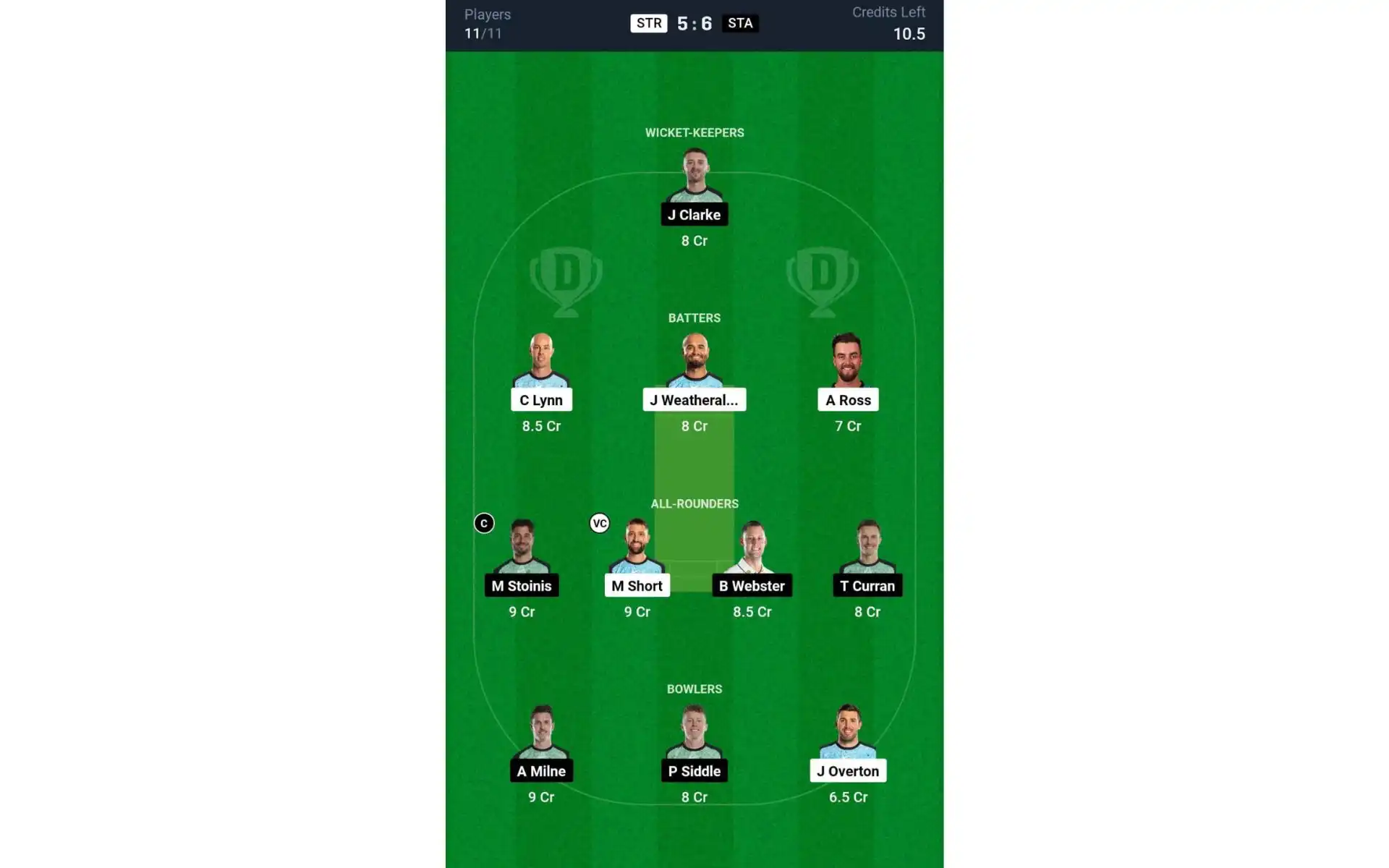 STR vs STA, 6th Match: Dream11 Team 2 [Source: @Dream11 App]