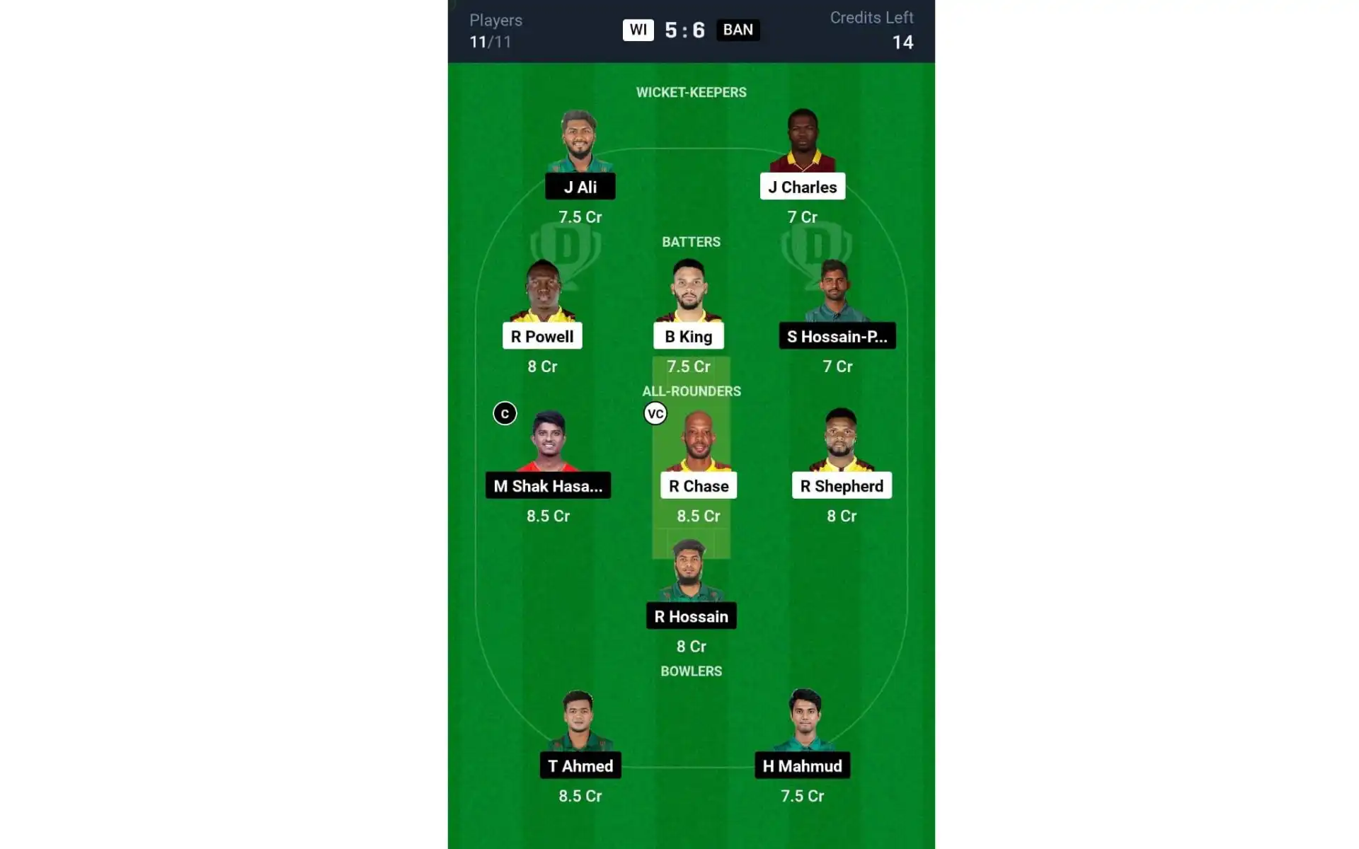 WI vs BAN 3rd T20I: Dream11 Team 1 [Source: @Dream11 App]