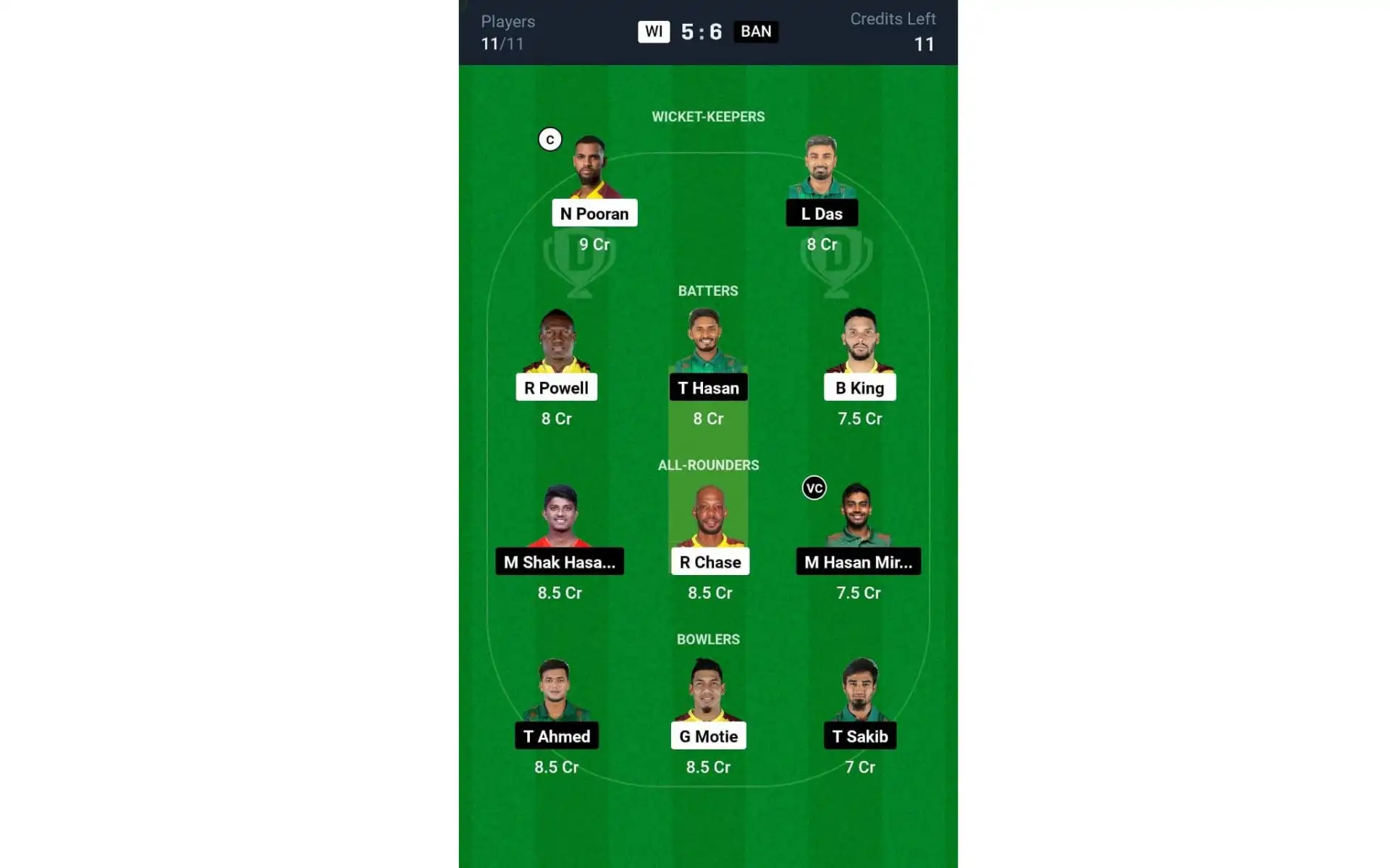WI vs BAN 3rd T20I: Dream11 Team 2 [Source: @Dream11 App]