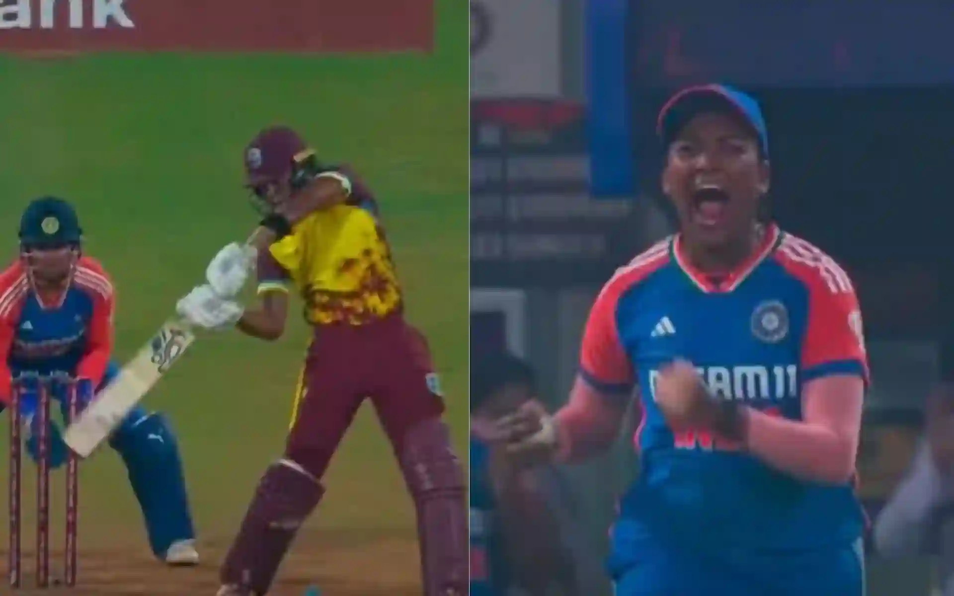 Sajeevan Sajana celebrating Hayley Matthews' downfall in third T20I [Source: @gavaskar_theman/x]