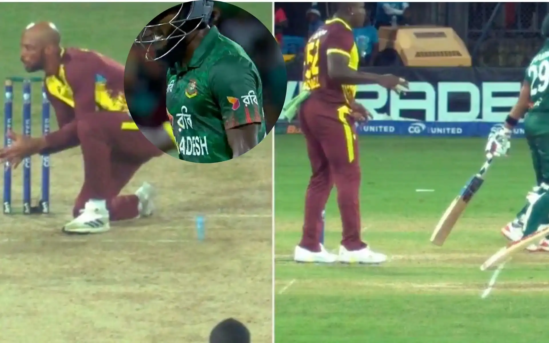 Jaker Ali escaped a bizarre dismissal in 3rd T20I vs WI [Source: @gavaskar_theman/x.com]