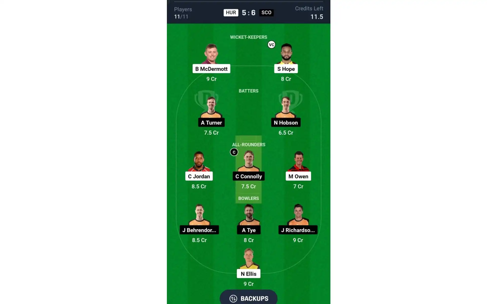 HUR vs SCO, BBL 2024-25: Dream11 Team 1 [Source: @Dream11 App]