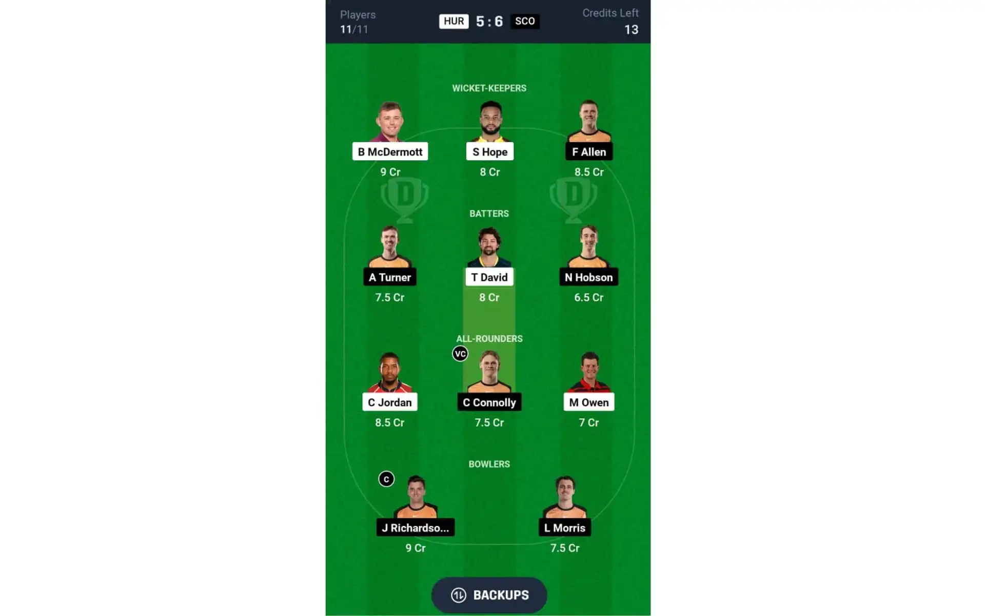 HUR vs SCO, BBL 2024-25: Dream11 Team 2 [Source: @Dream11 App]