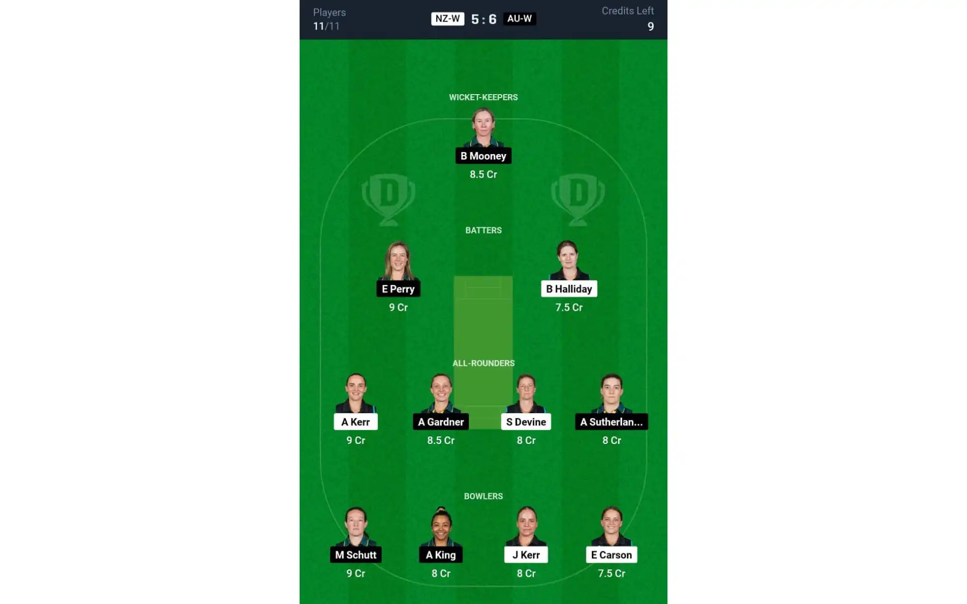 NZ-W vs AU-W 2nd ODI: Dream11 Team 1 [Source: @Dream11 App]