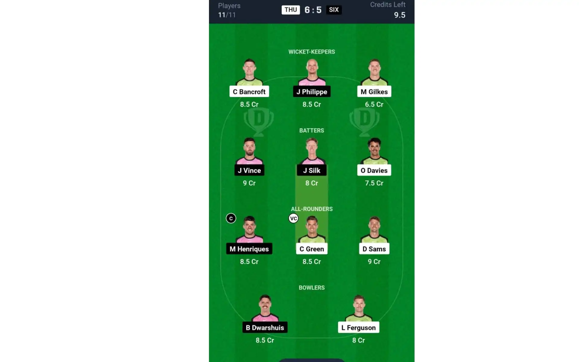 THU vs SIX, BBL 2024: Dream11 Team 1 [Source: @Dream11 App]