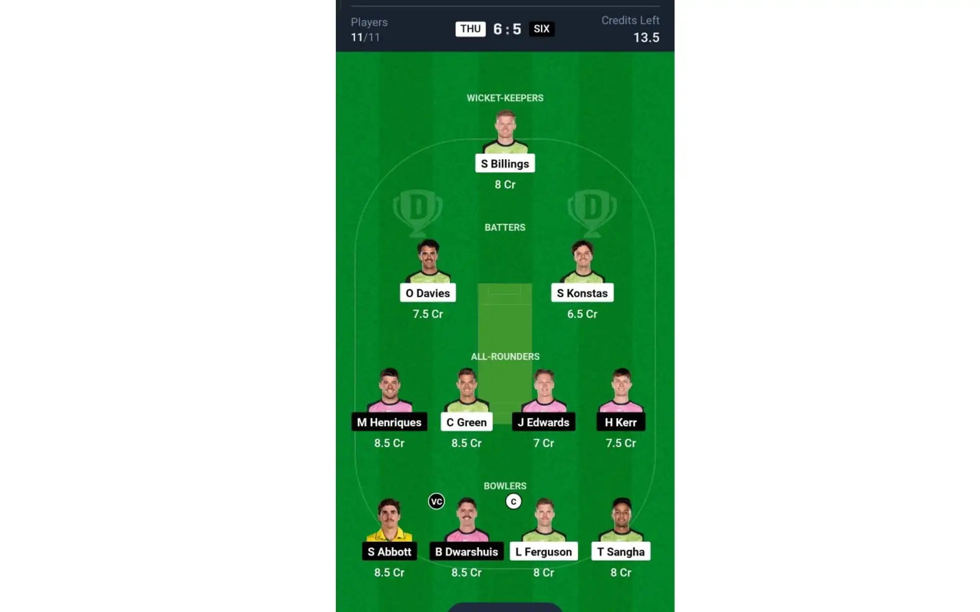 THU vs SIX, BBL 2024: Dream11 Team 2 [Source: @Dream11 App]