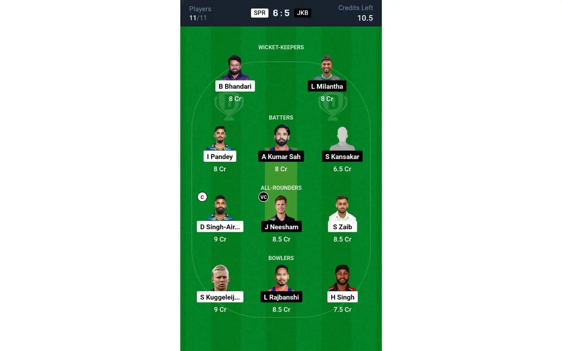 SPR vs JKB NPL 2024: Dream11 Team 1 [Source: @Dream11 App]