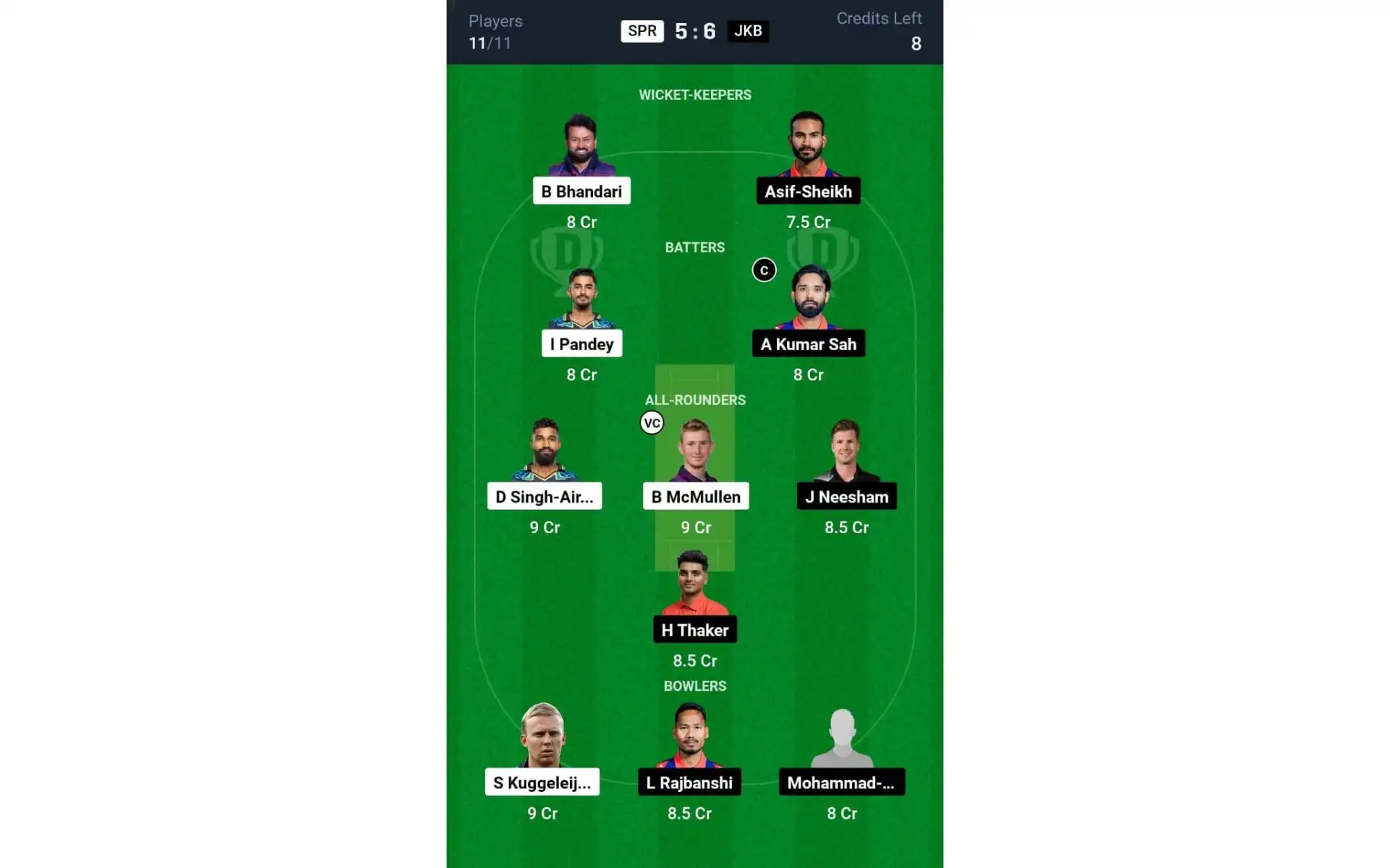 SPR vs JKB NPL 2024: Dream11 Team 2 [Source: @Dream11 App]
