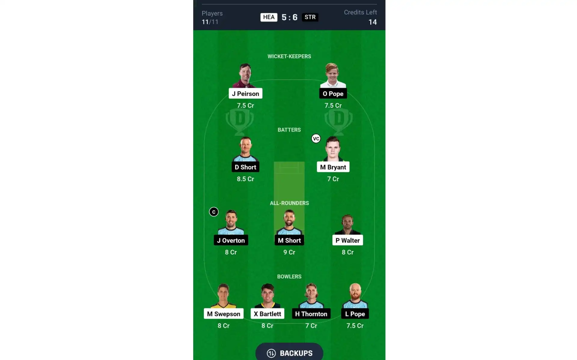 HEA vs STR, BBL 2024-25: Dream11 Team 1 [Source: @Dream11 App]