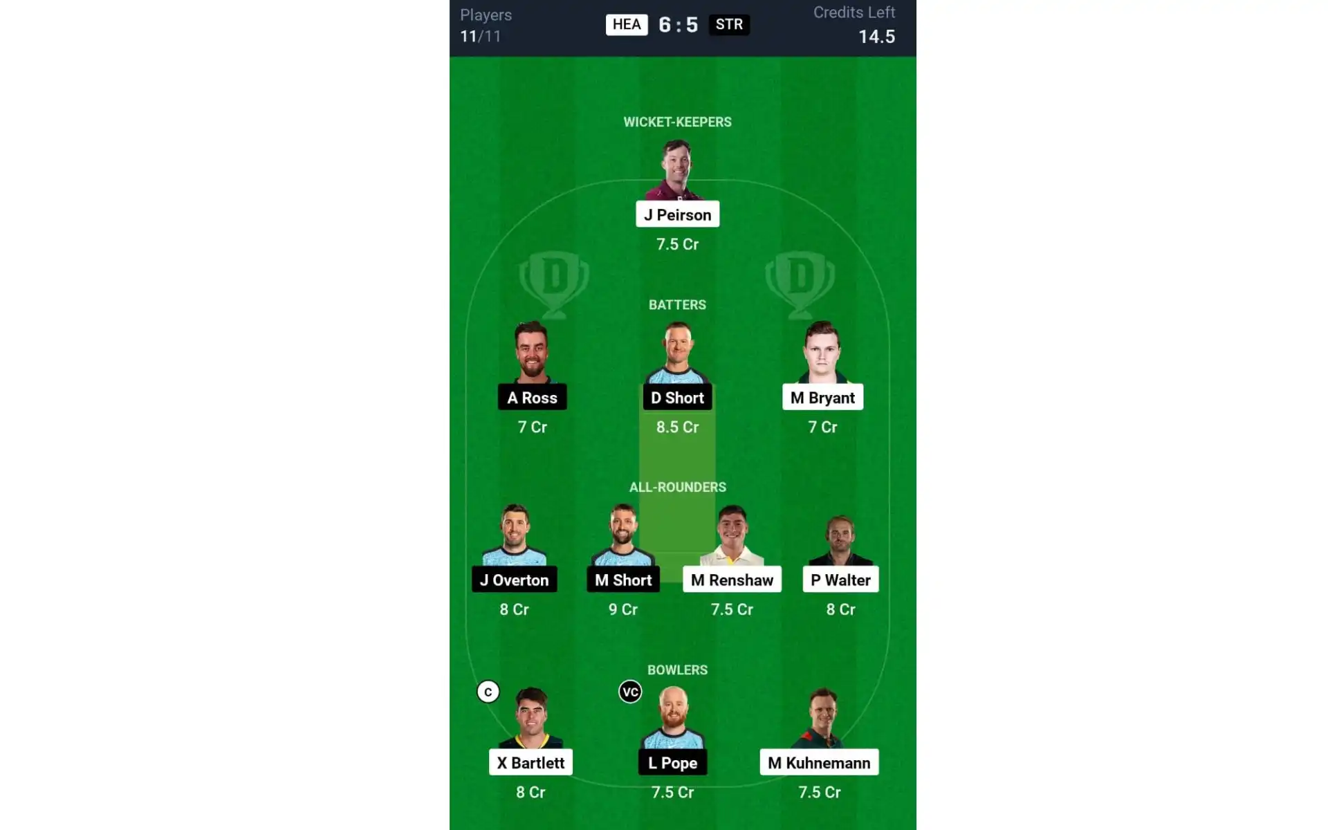 HEA vs STR, BBL 2024-25: Dream11 Team 2 [Source: @Dream11 App]