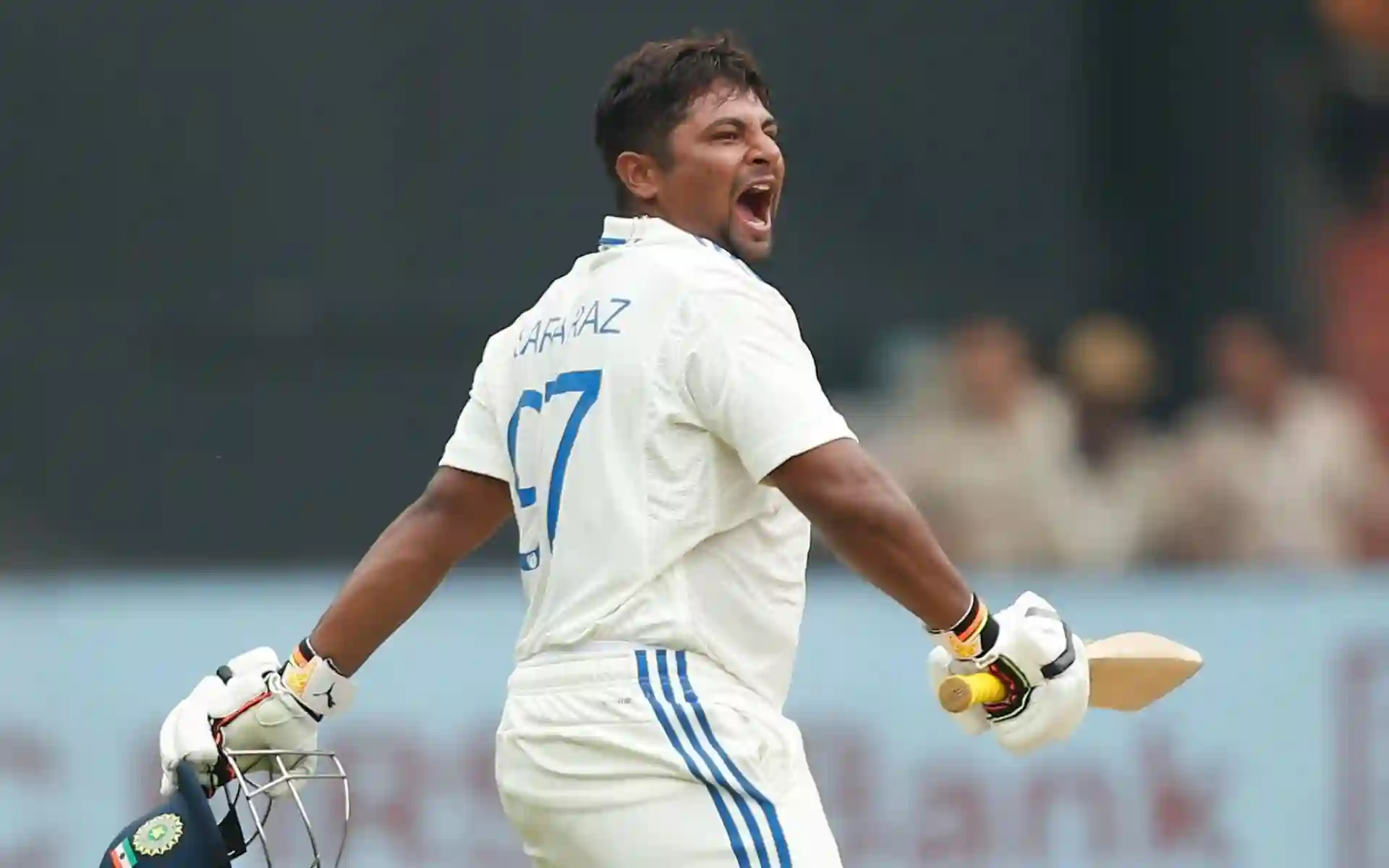 Sarfaraz Khan during his maiden Test Century [Source: @cricketchamber/x.com]