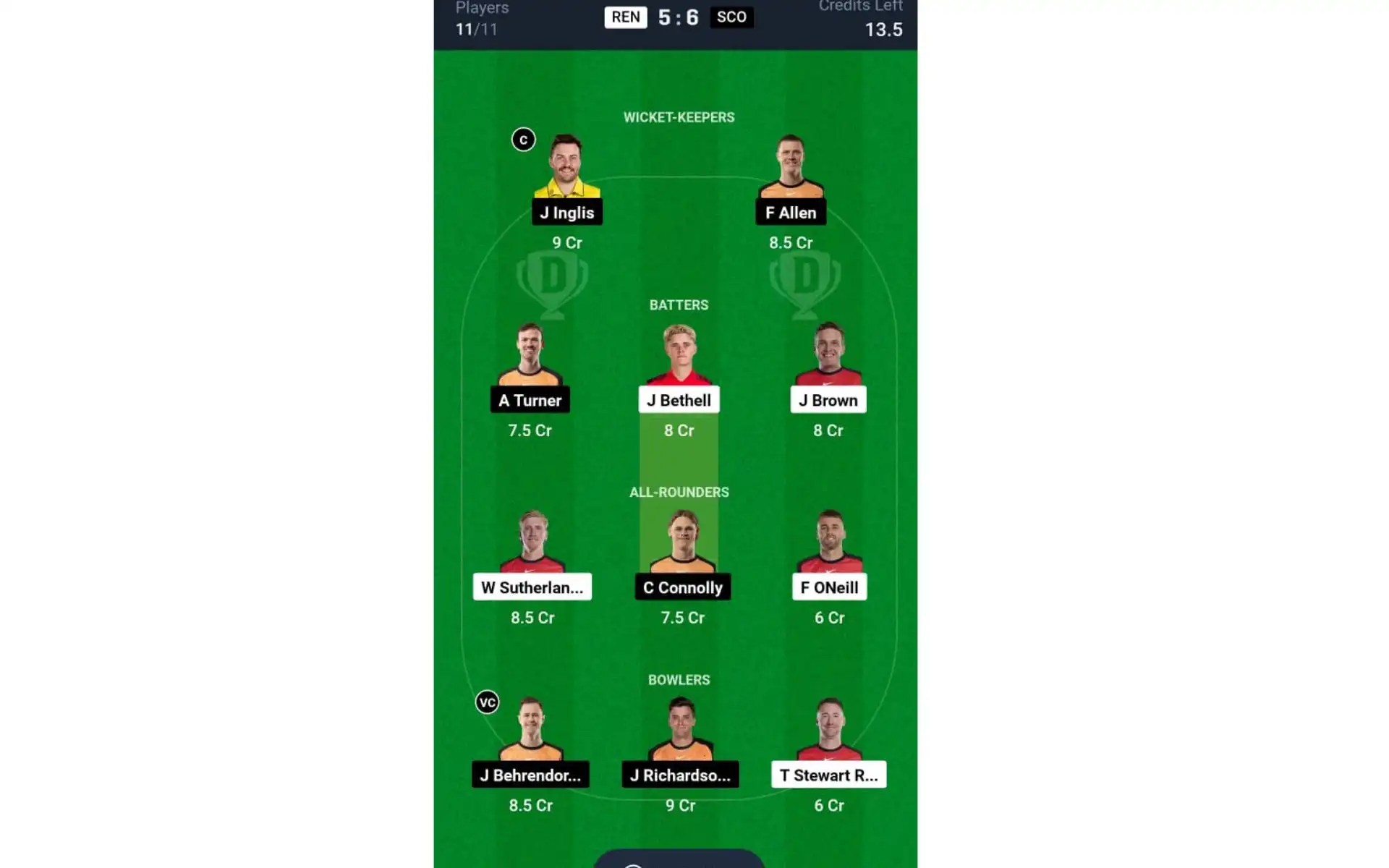REN vs SCO, BBL 2024-25: Dream11 Team 1 [Source: @Dream11 App]