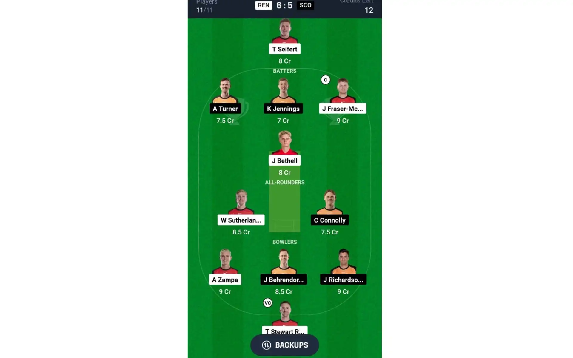 REN vs SCO, BBL 2024-25: Dream11 Team 2 [Source: @Dream11 App]