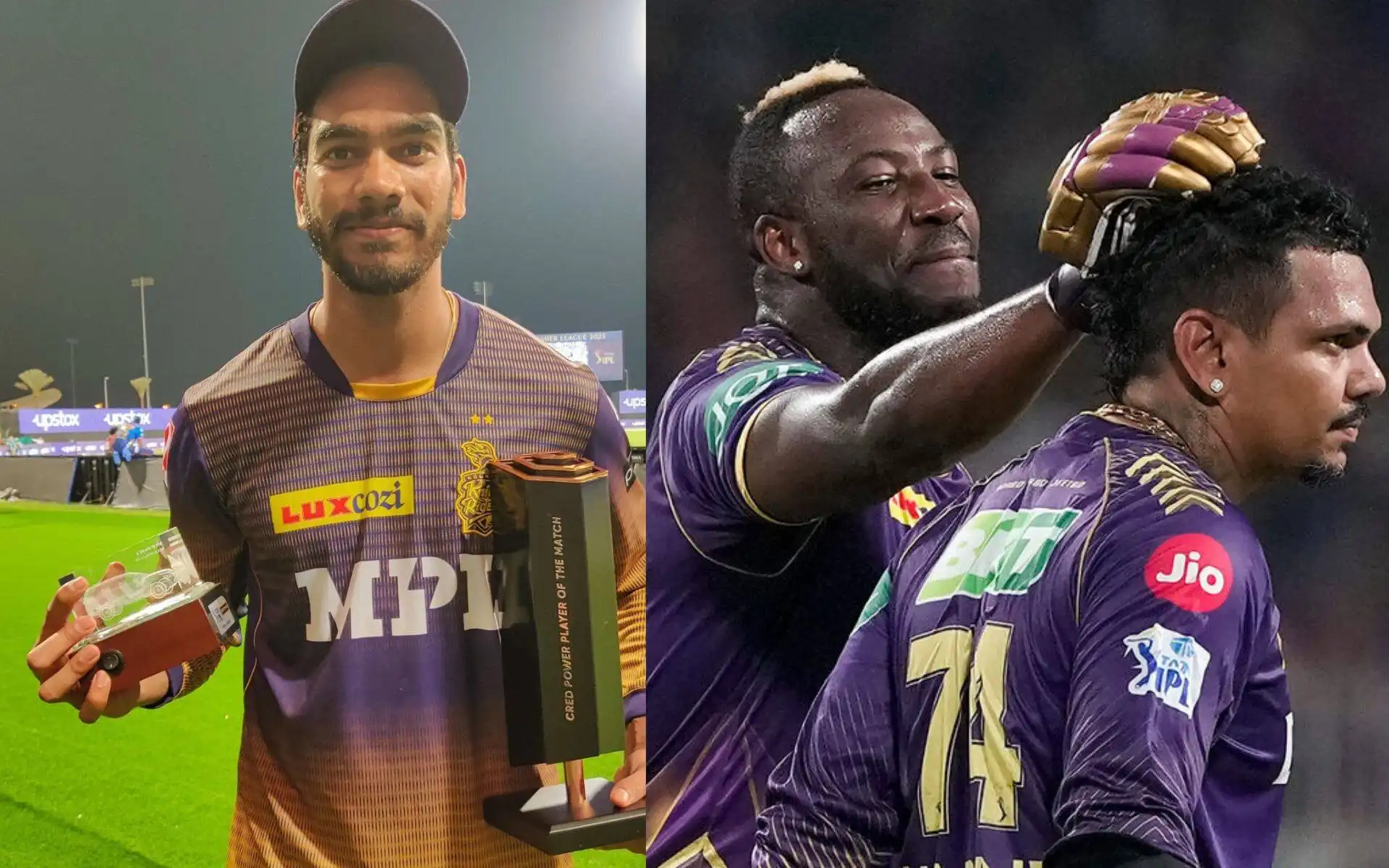 Venkatesh Iyer, Andre Russell and Sunil Narine [Source: @tyson18__,@CricTelegraph/x.com]