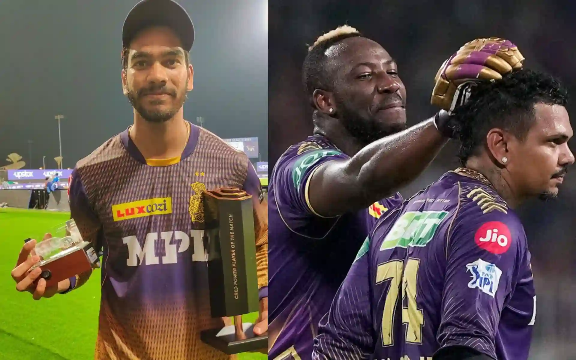 Venkatesh Iyer, Andre Russell and Sunil Narine [Source: @tyson18__,@CricTelegraph/x.com]