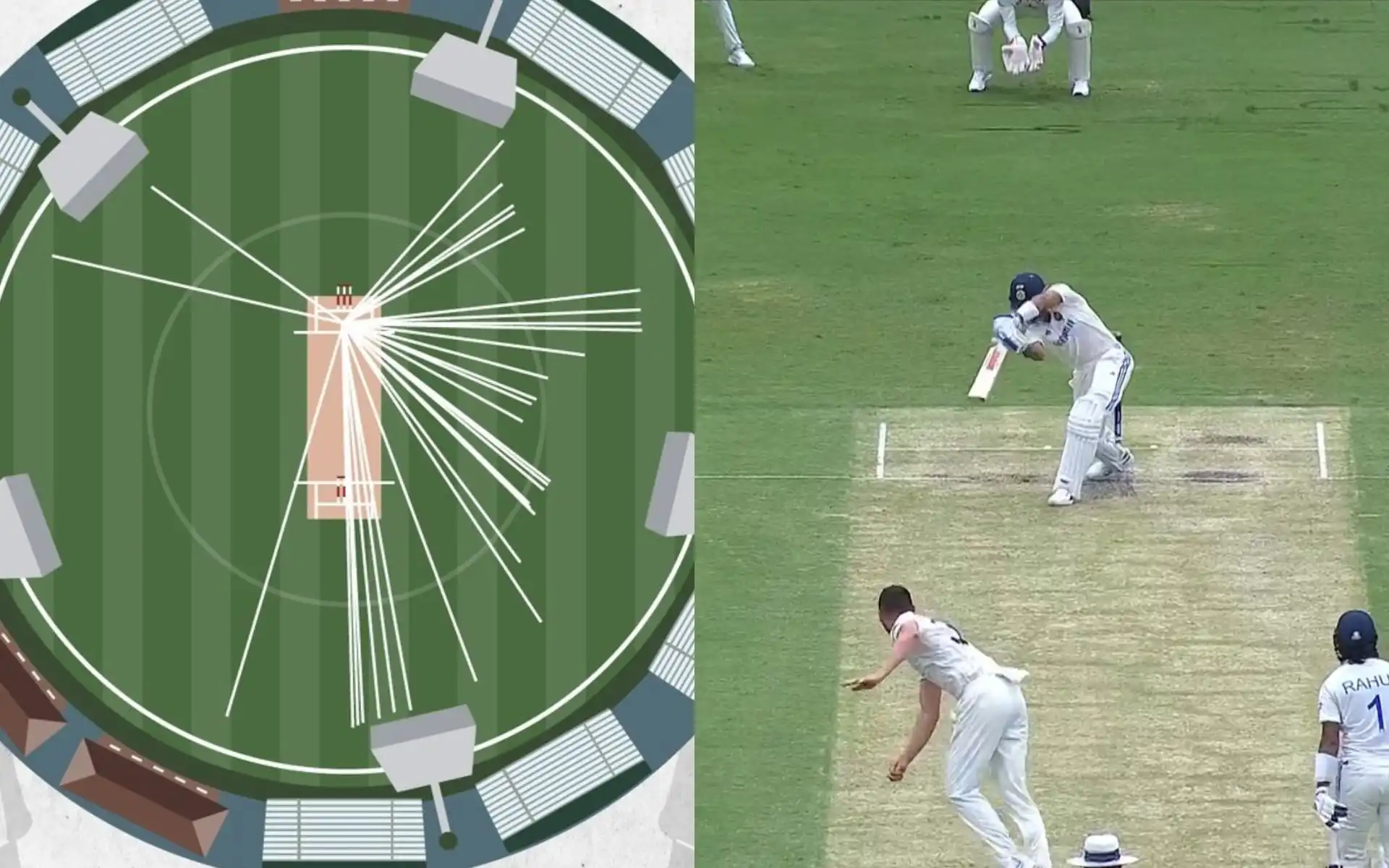 Wagon wheel of Sachin Tendulkar in SCG and Virat Kohli driving 6th stump delivery [Source: @CoverDrive001, @Cric_B8/x.com]