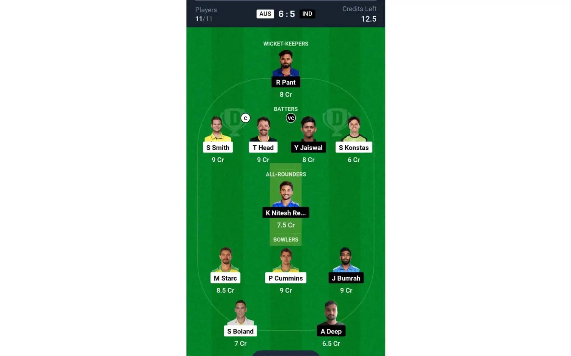 IND vs AUS, Test Series: Dream11 Team 1 [Source: @Dream11 App]