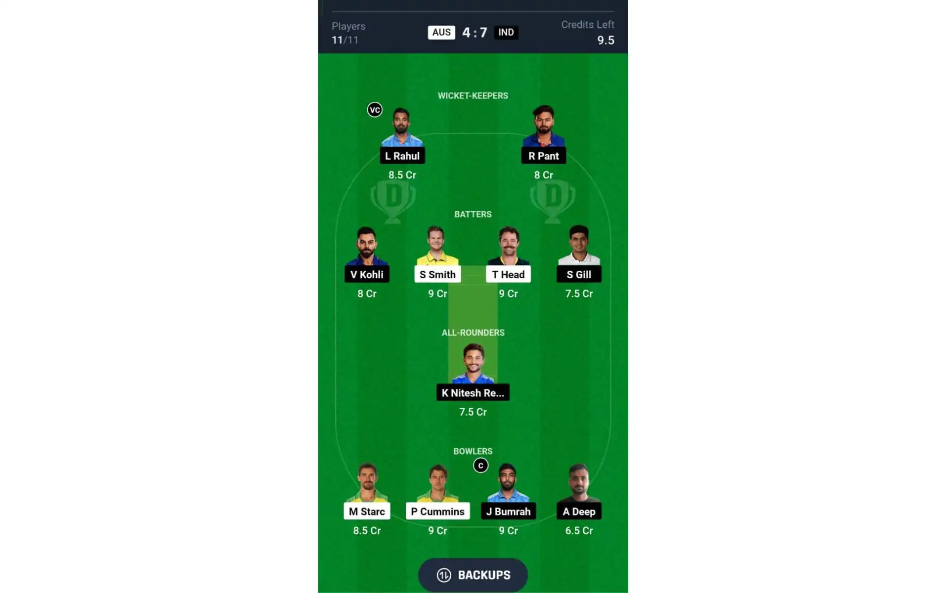 IND vs AUS, Test Series: Dream11 Team 1 [Source: @Dream11 App]