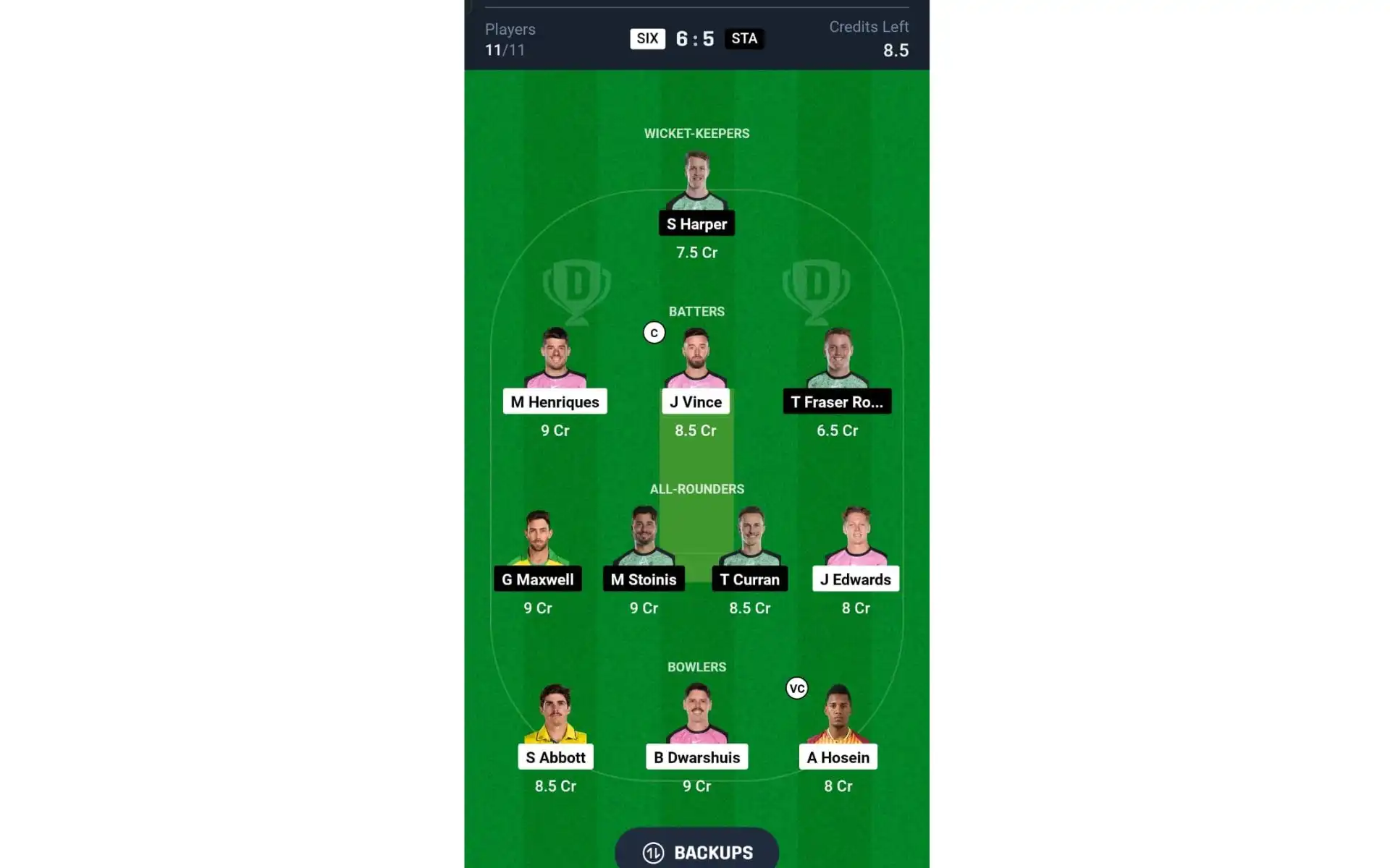 SIX vs STA, BBL 2024-25: Dream11 Team 1 [Source: @Dream11 App]