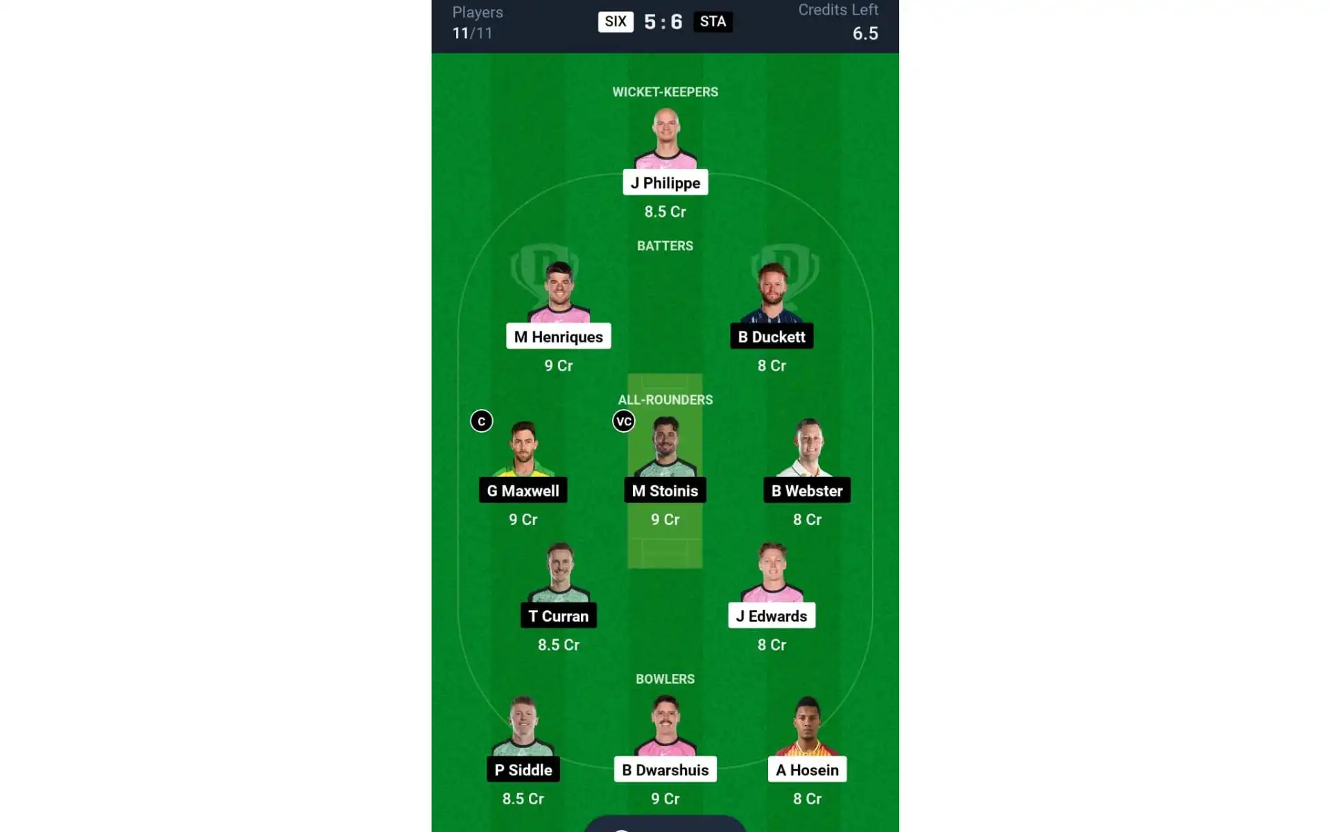 SIX vs STA, BBL 2024-25: Dream11 Team 2 [Source: @Dream11 App]