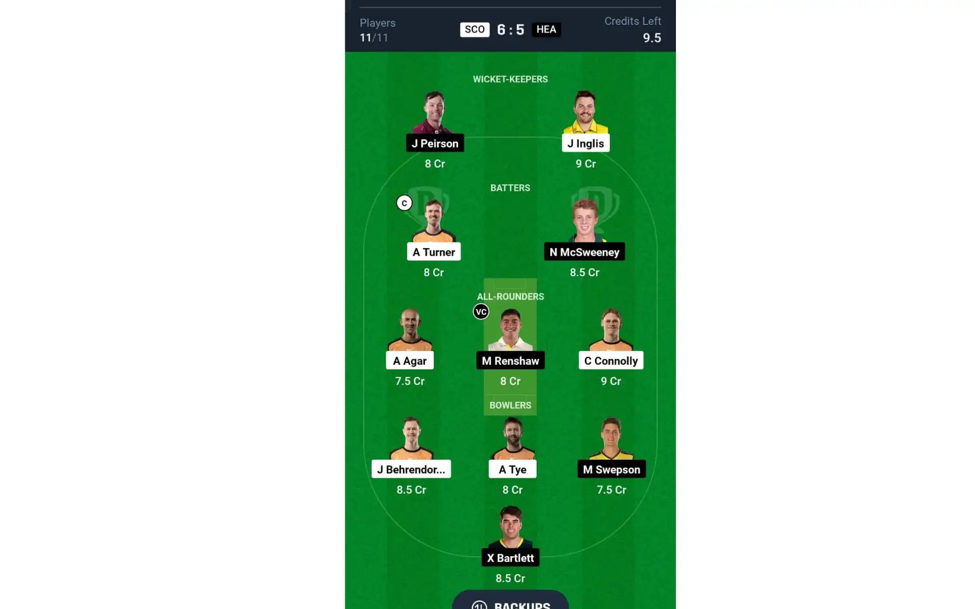 SCO vs HEA, BBL 2024-25: Dream11 Team 1 [Source: @Dream11 App]