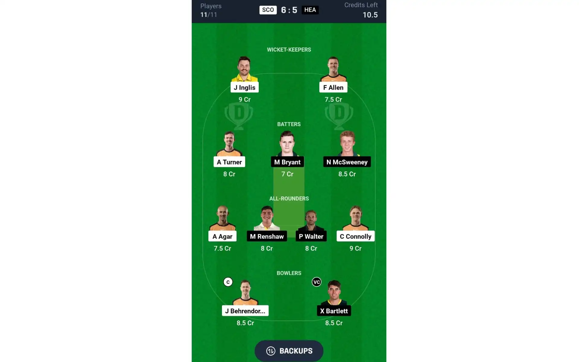 SCO vs HEA, BBL 2024-25: Dream11 Team 2 [Source: @Dream11 App]