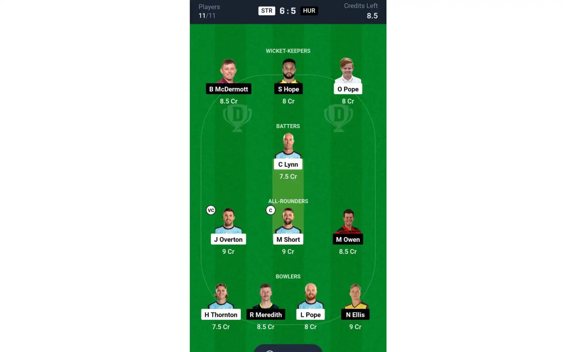 STR vs HUR, BBL 2024: Dream11 Team 1 [Source: @Dream11 App]