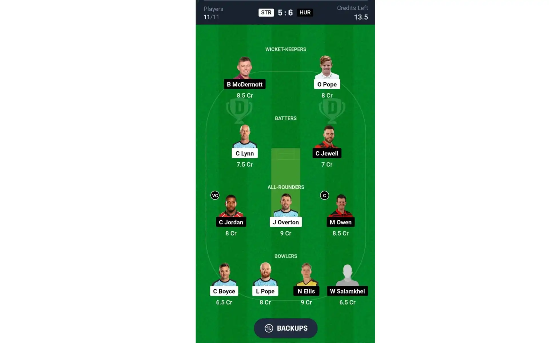 STR vs HUR, BBL 2024: Dream11 Team 2 [Source: @Dream11 App]