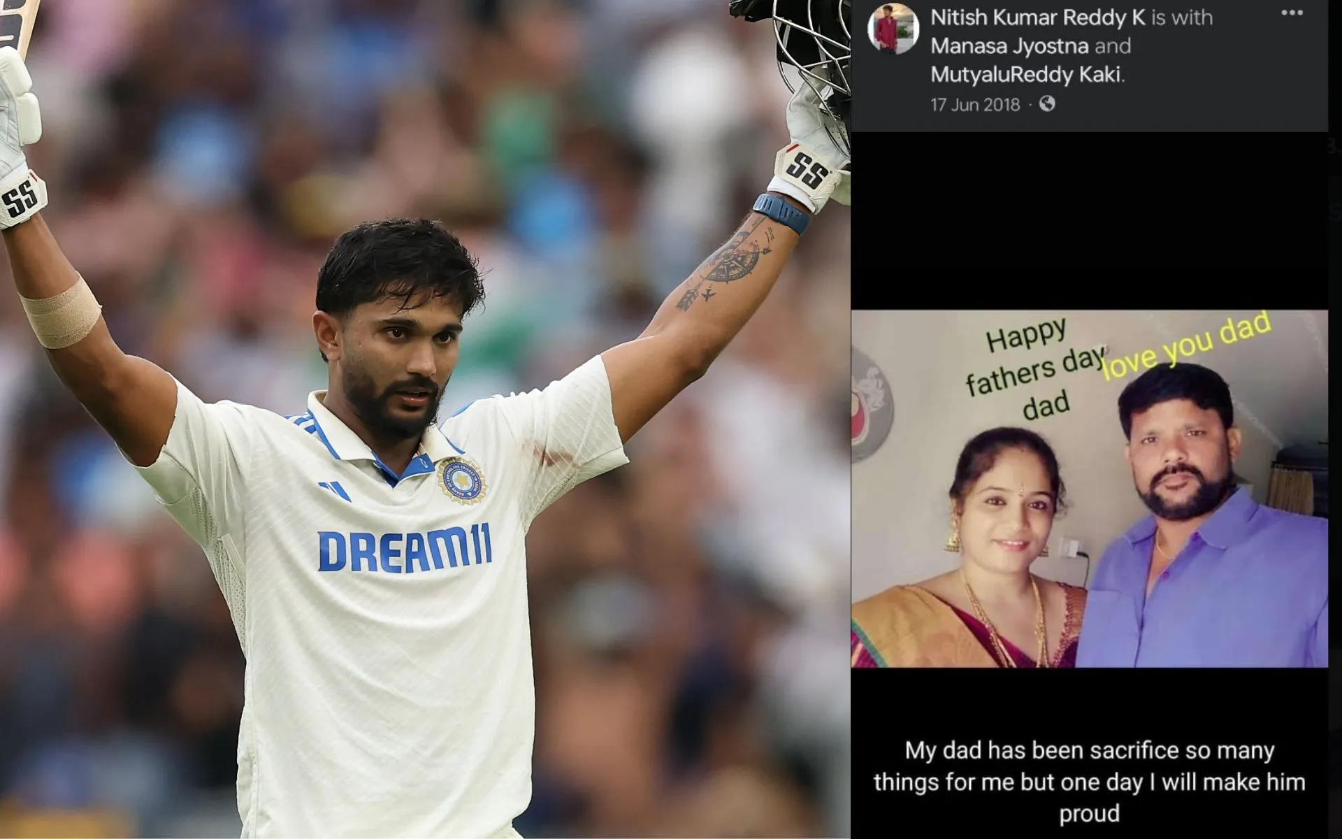 Nitish Reddy's old facebook post resurfaced after his maiden Test hundred [Source: @BCCI, @mufaddal_vohra/x.com]