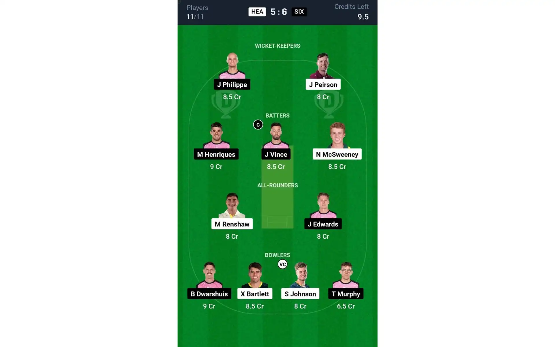 HEA vs SIX, BBL 2024: Dream11 Team 1 [Source: @Dream11 App]
