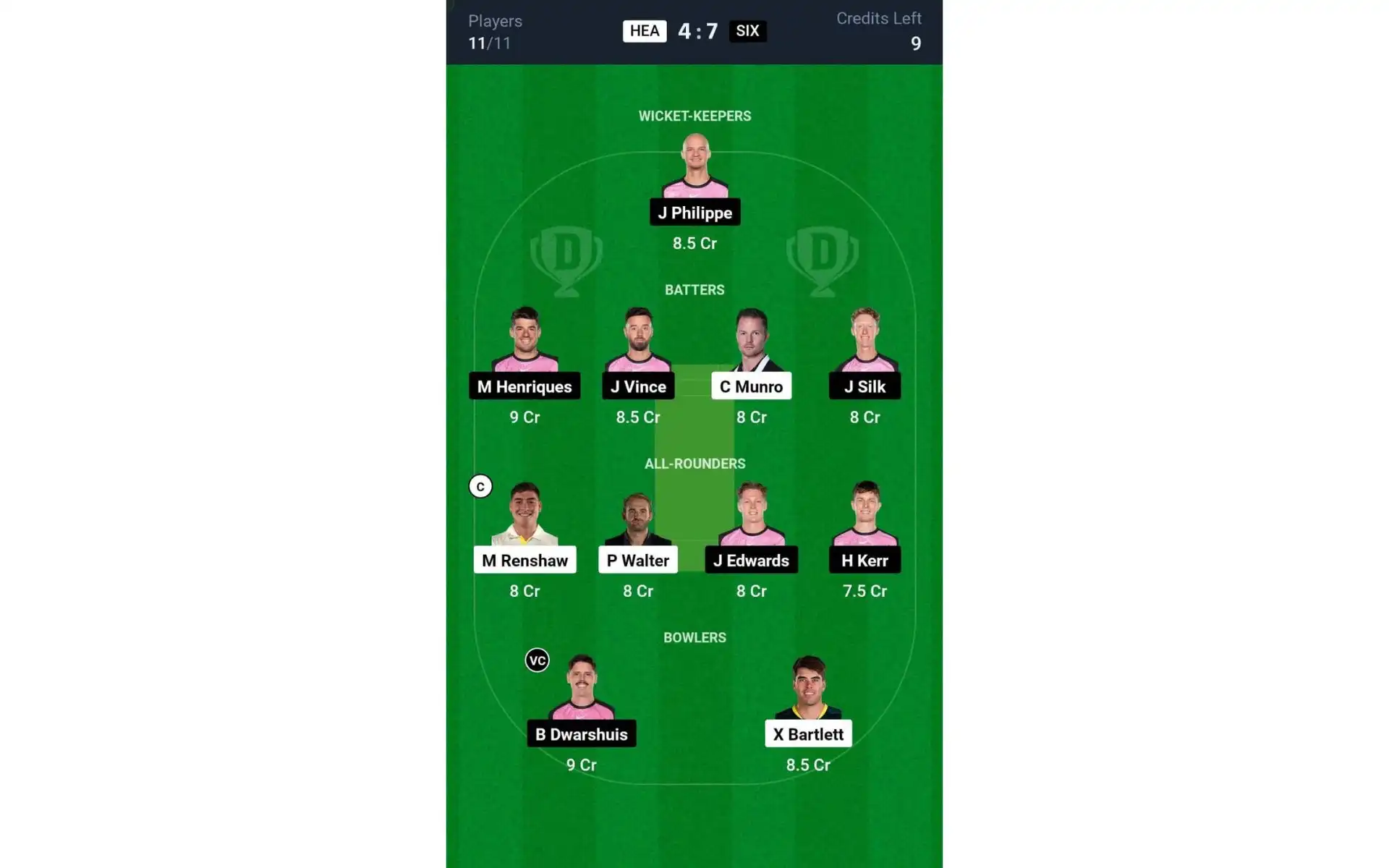 HEA vs SIX, BBL 2024: Dream11 Team 2 [Source: @Dream11 App]