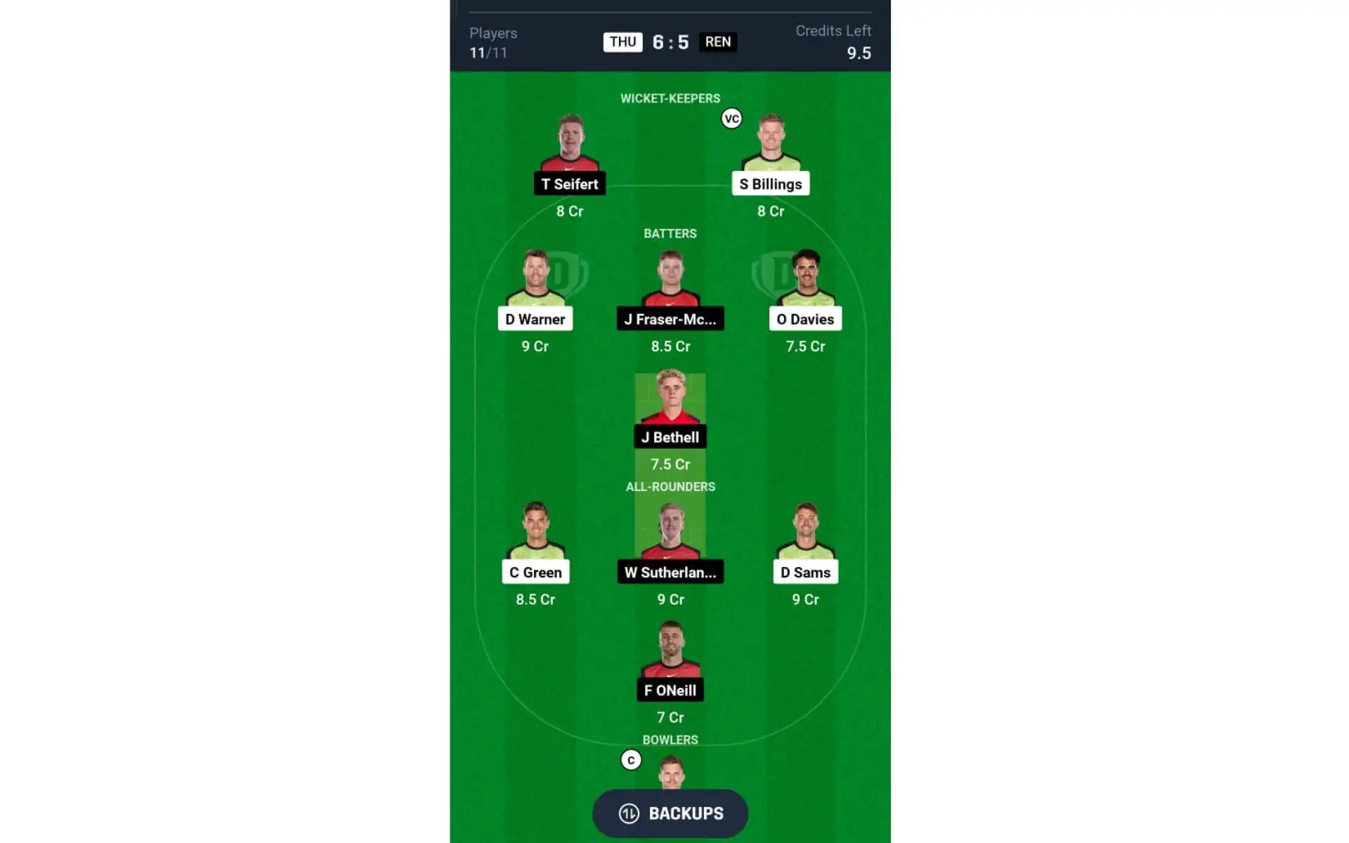 THU vs REN, Dream11 Team 1 [Source: @Dream11 App]