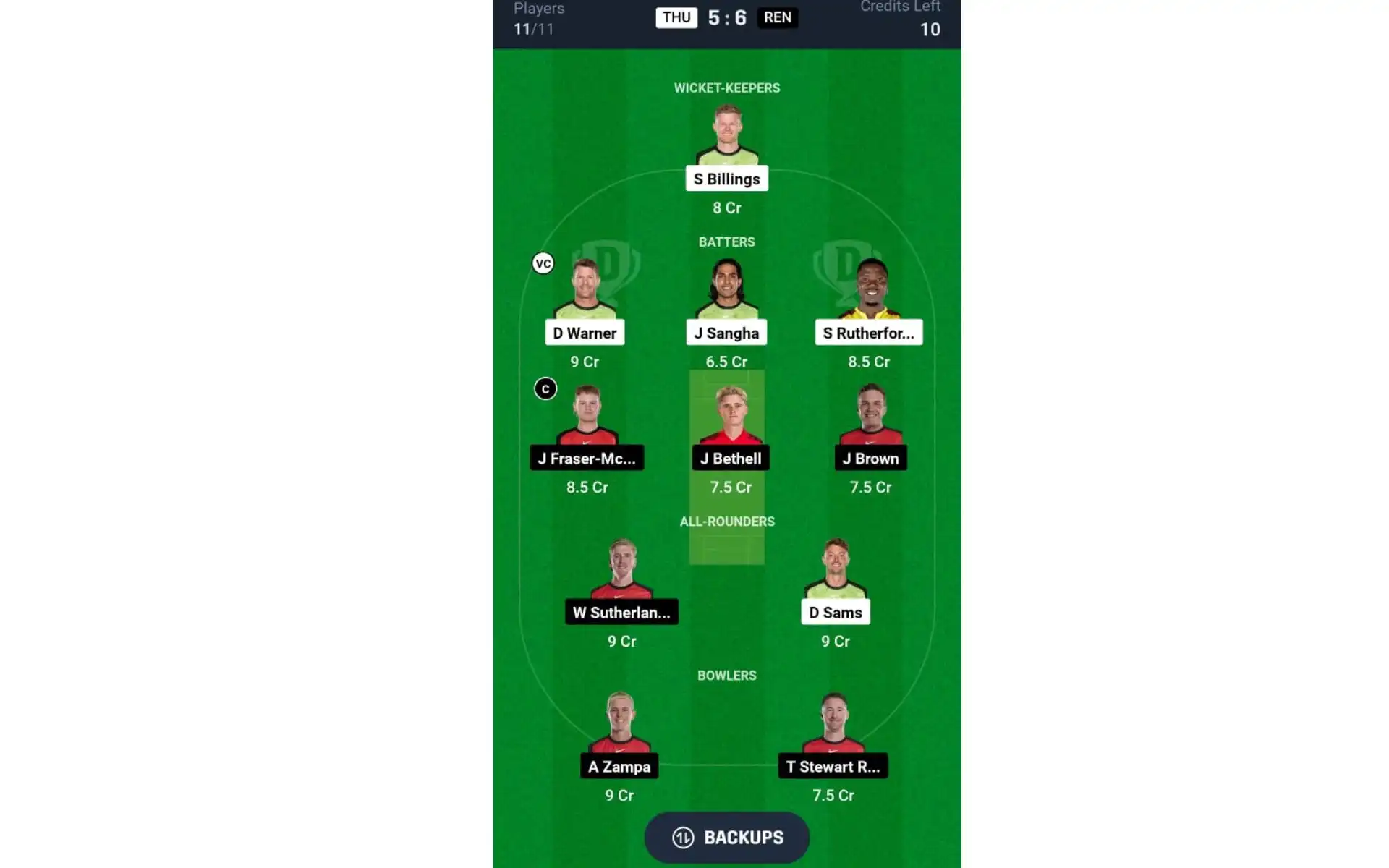 THU vs REN, Dream11 Team 2 [Source: @Dream11 App]