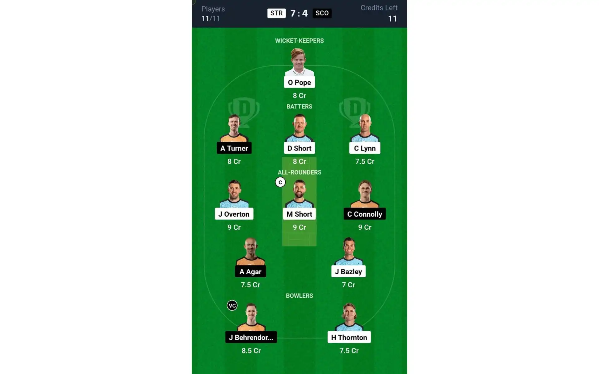 STR vs SCO, BBL 2024: Dream11 Team 2 [Source: @Dream11 App]