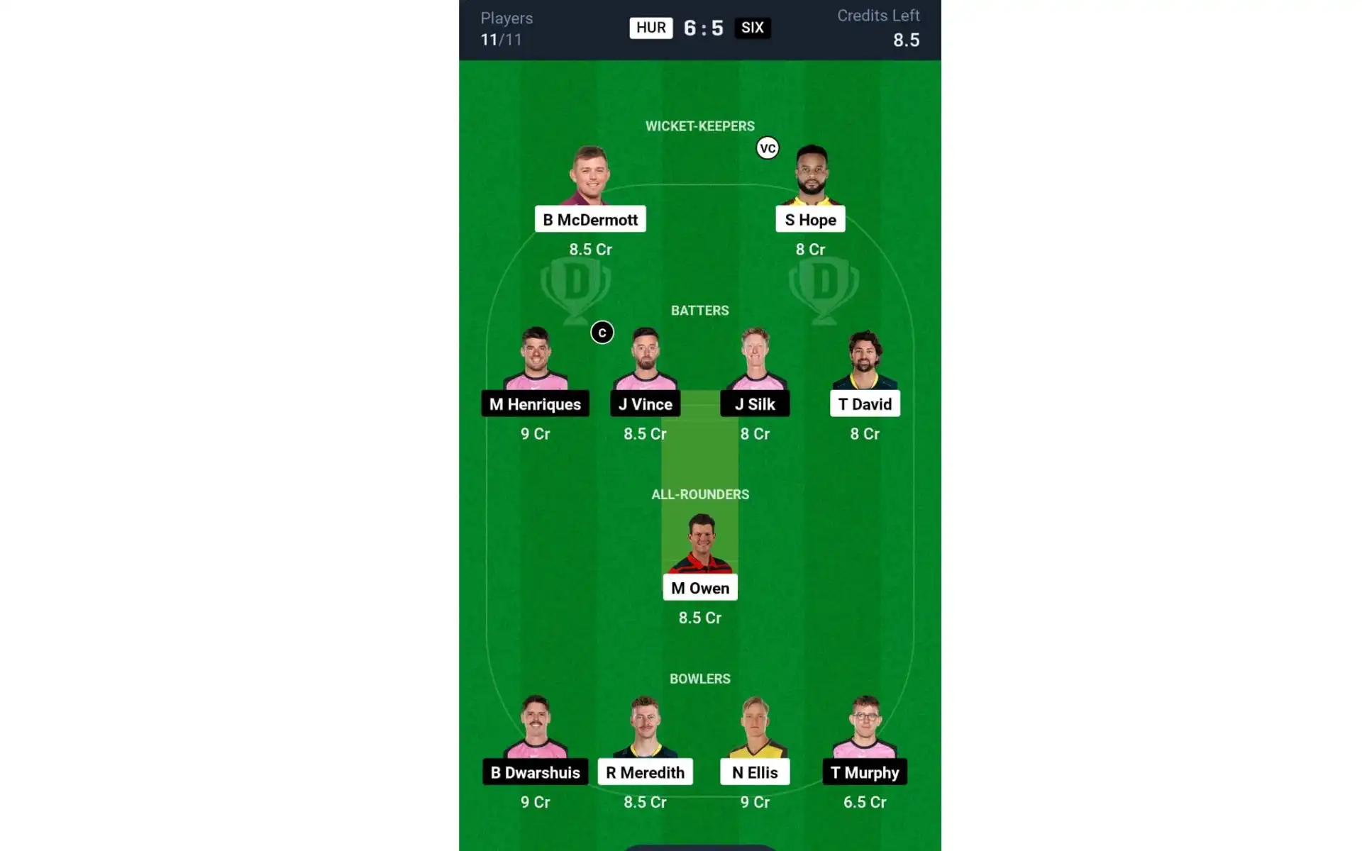 HUR vs SIX, BBL 2024-25: Dream11 Team 1 [Source: @Dream11 App]