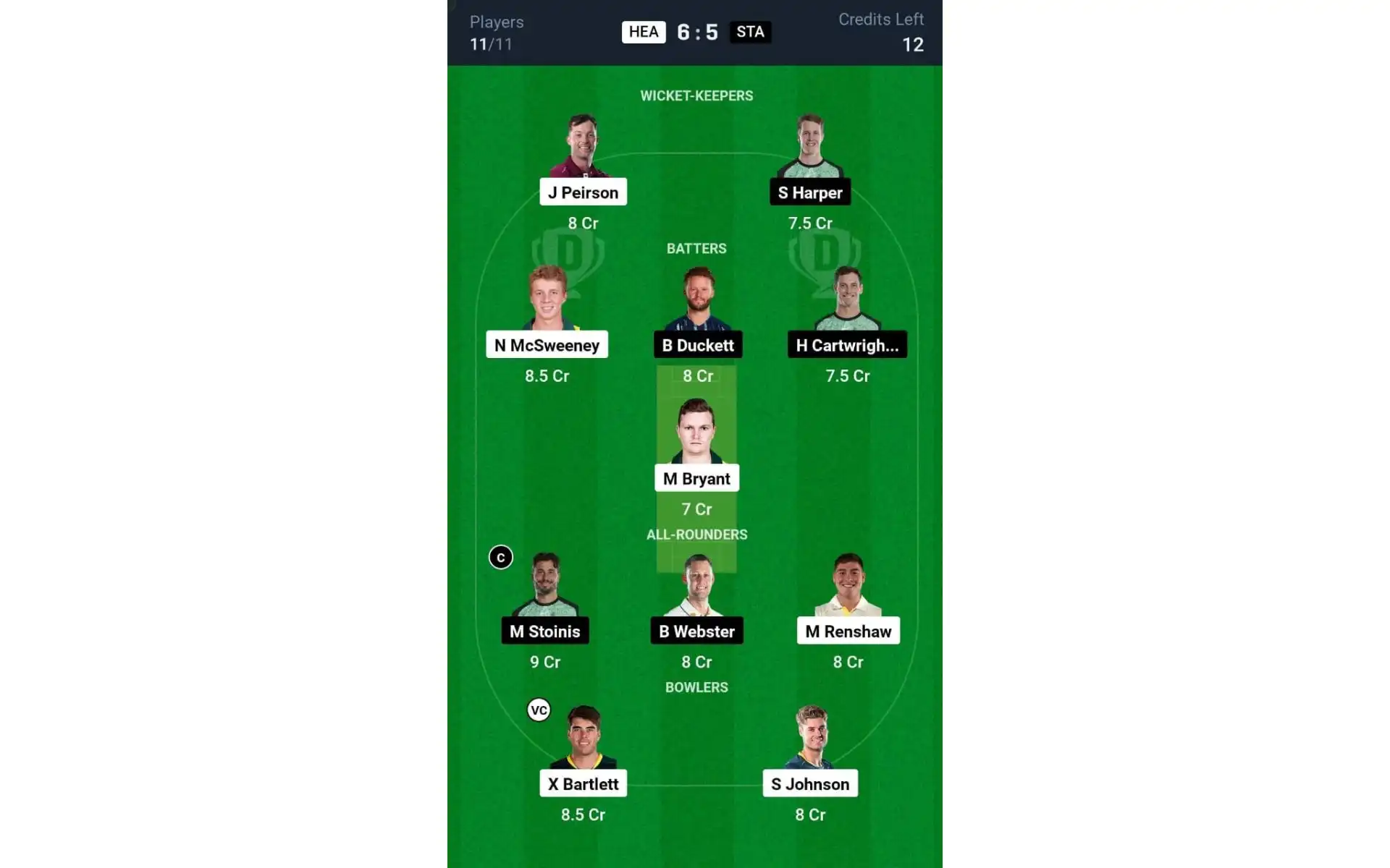 HEA vs STA, BBL 2024-25: Dream11 Team 1 [Source: @Dream11 App]