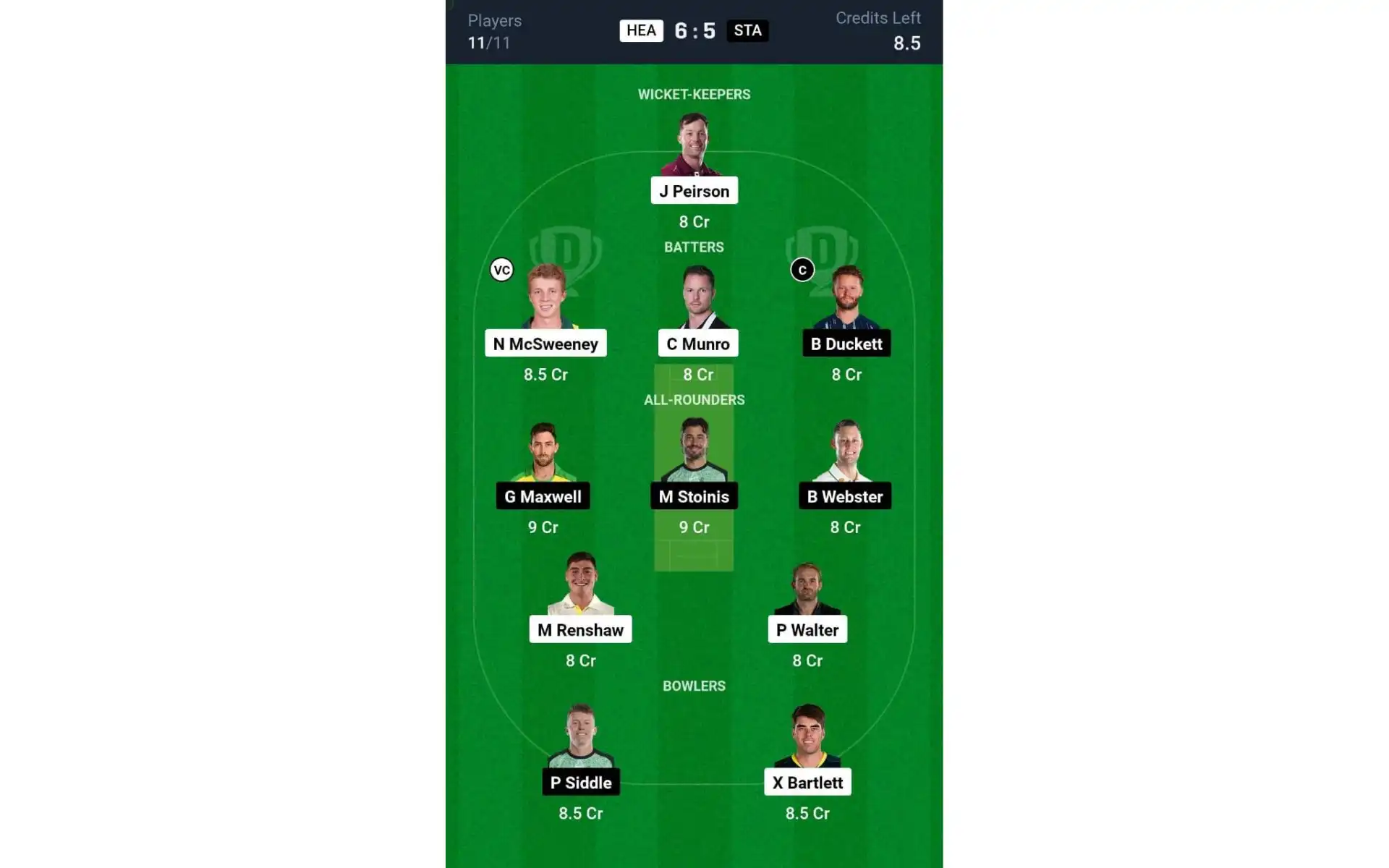 HEA vs STA, BBL 2024-25: Dream11 Team 2 [Source: @Dream11 App]