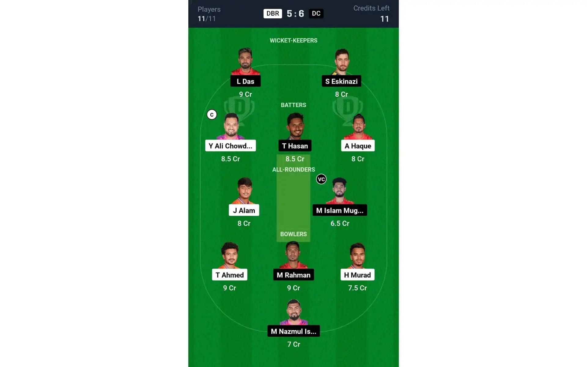 DBR vs DC, BPL 2024-25: Dream11 Team 1 [Source: @Dream11 App]