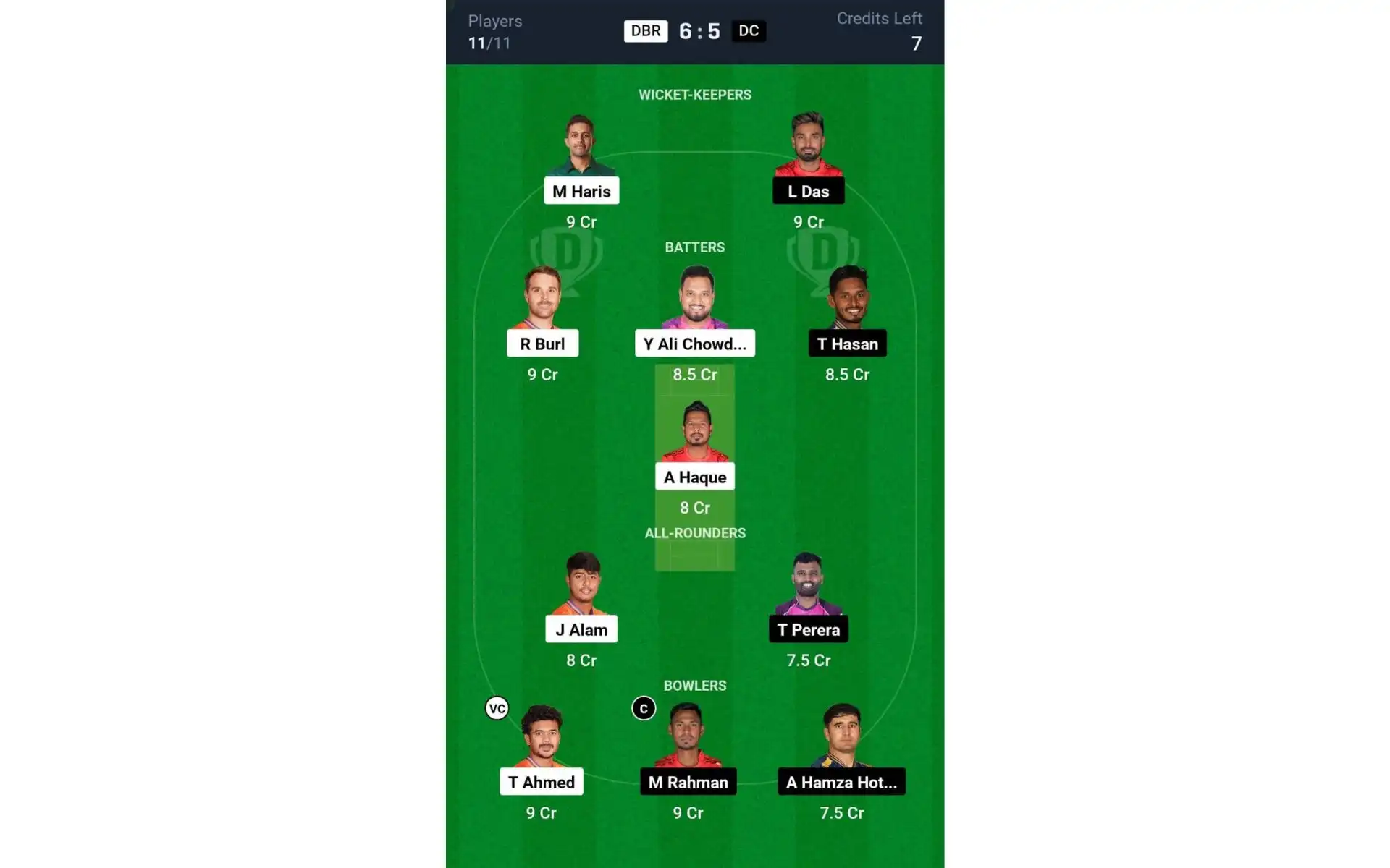 DBR vs DC, BPL 2024-25: Dream11 Team 2 [Source: @Dream11 App]