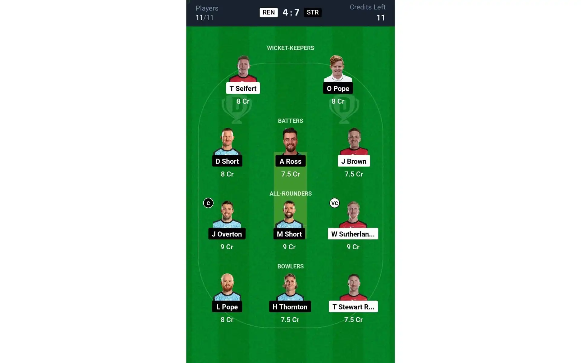 REN vs STR, BBL 2024-25: Dream11 Team 1 [Source: @Dream11 App]
