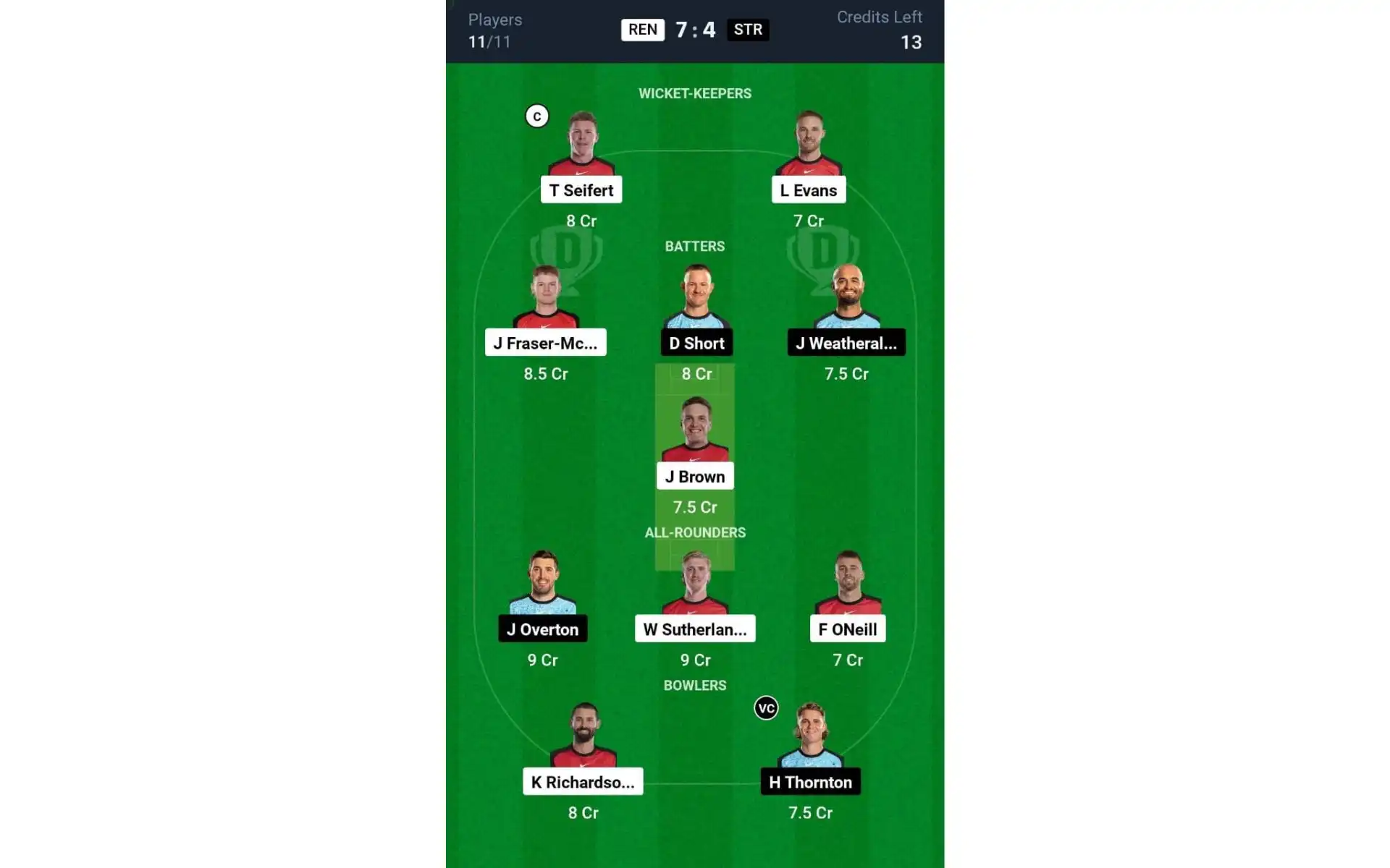 REN vs STR, BBL 2024-25: Dream11 Team 2 [Source: @Dream11 App]