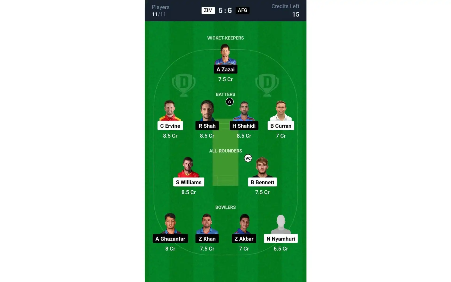 ZIM vs AFG 2nd Test: Dream11 Team 1 [Source: @Dream11 App]