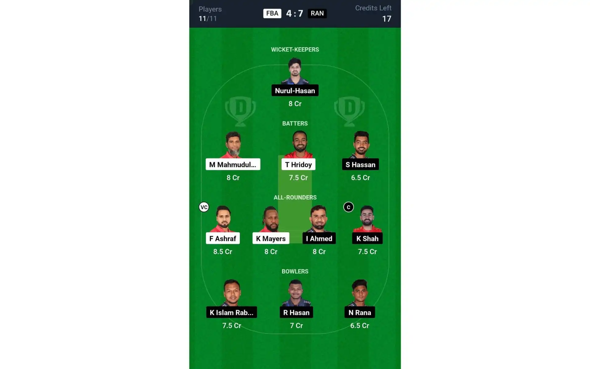 FBA vs RAN, BPL 2024-25: Dream11 Team 1 [Source: @Dream11 App]