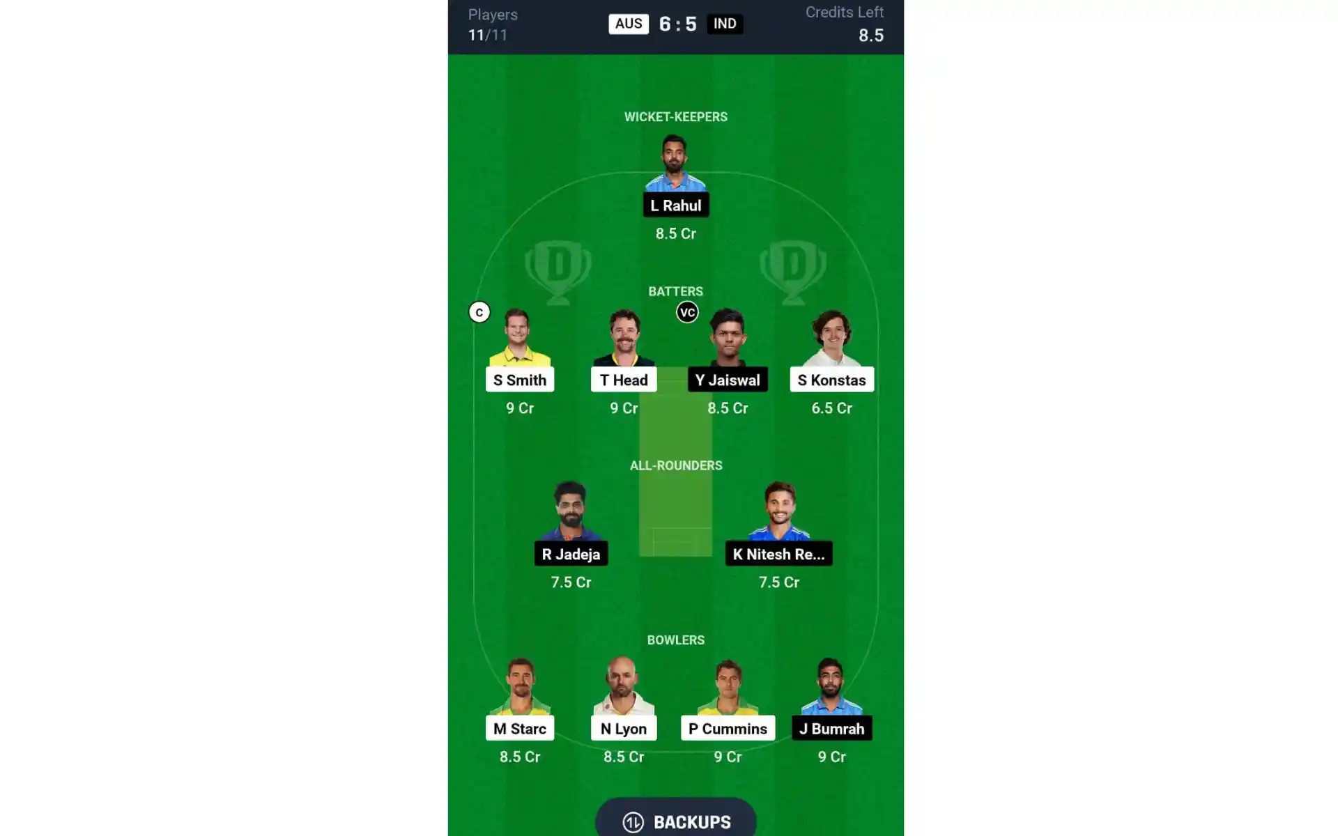 AUS vs IND, 5वां टेस्ट मैच: Dream11 टीम 1 [स्रोत: @Dream11 ऐप]