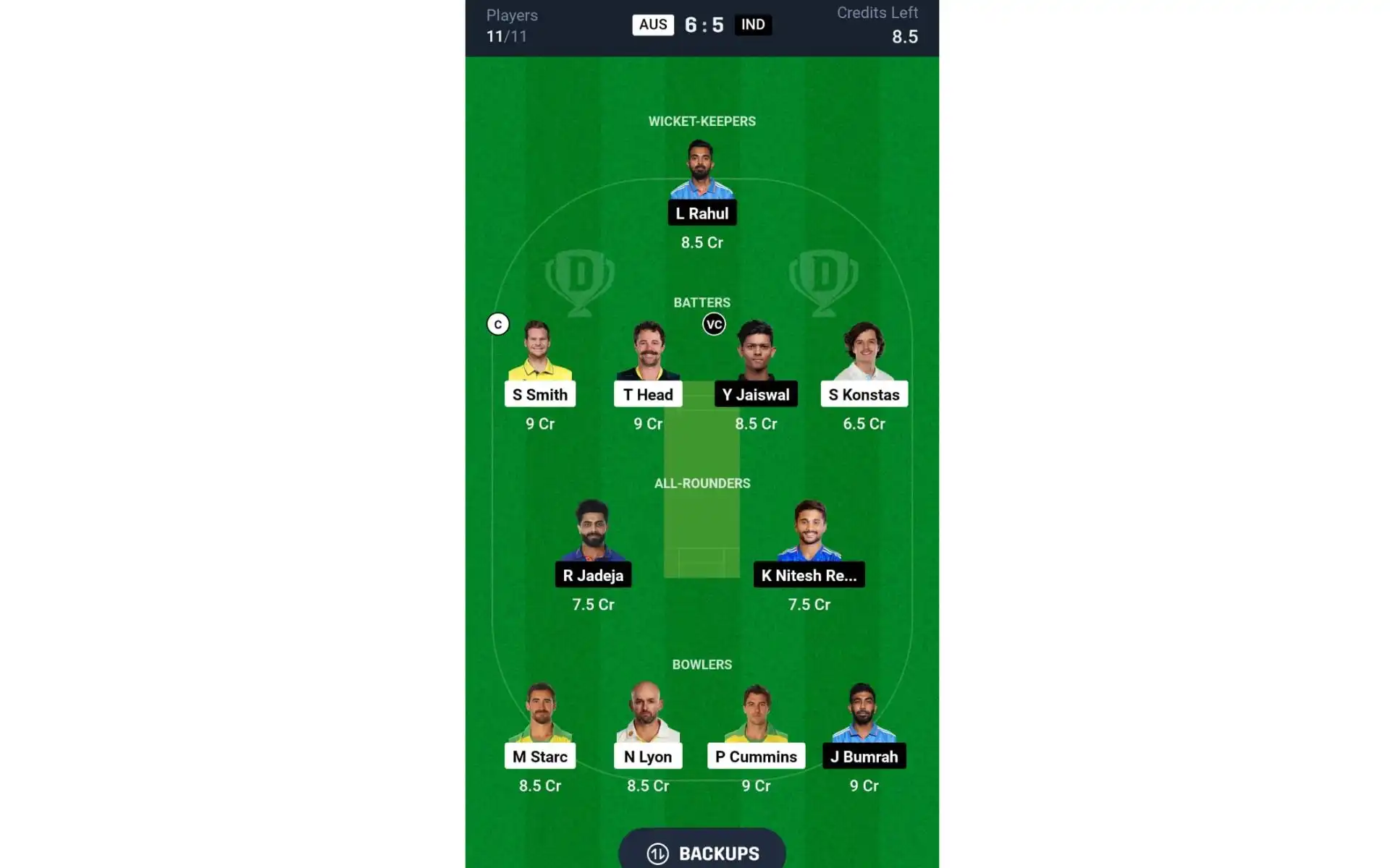 AUS vs IND, 5th Test Match: Dream11 Team 1 [Source: @Dream11 App]