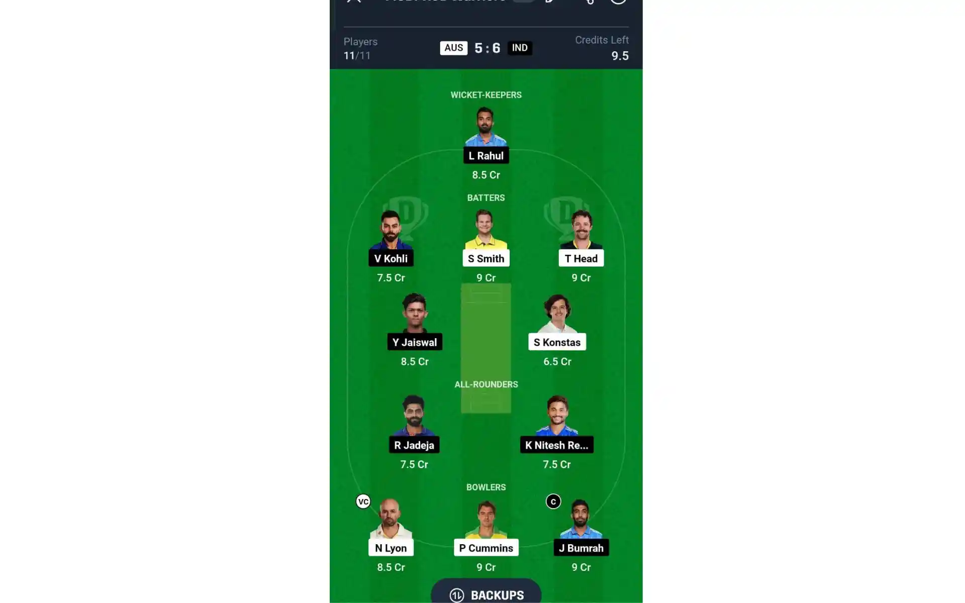 AUS vs IND, 5वां टेस्ट मैच: Dream11 टीम 2 [स्रोत: @Dream11 ऐप]