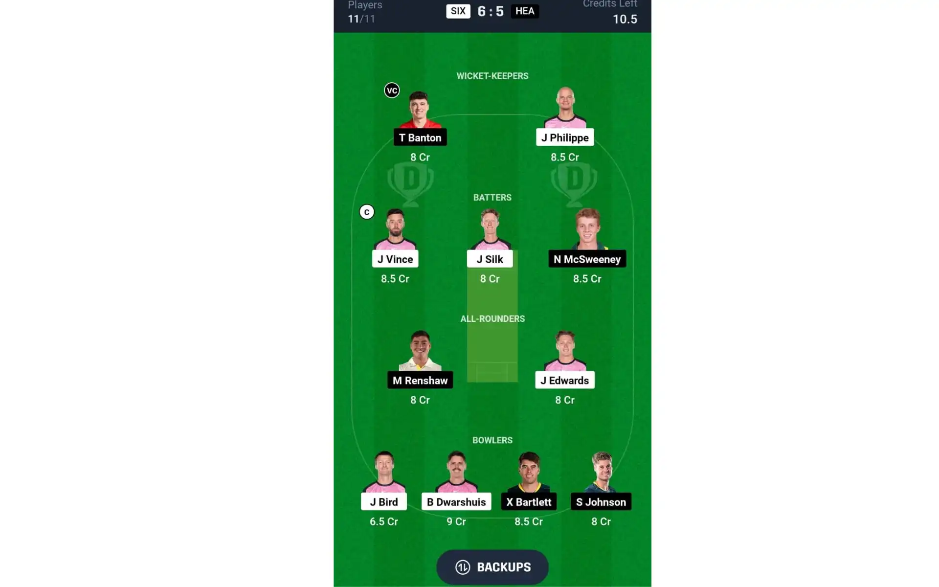 HEA vs SIX, BBL 2024-25: Dream11 Team 1 [Source: @Dream11 App]