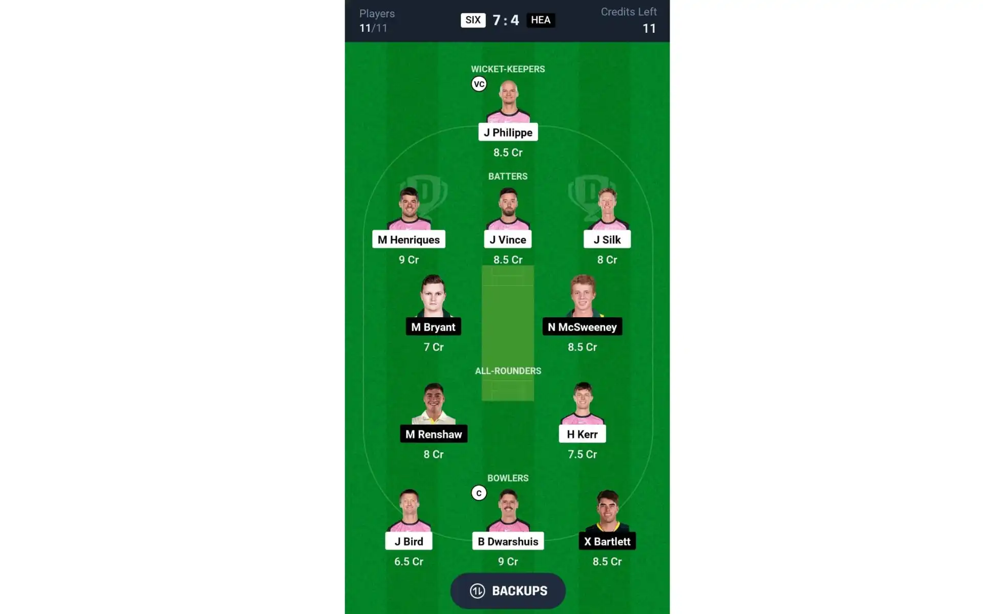 HEA vs SIX, BBL 2024-25: Dream11 Team 2 [Source: @Dream11 App]